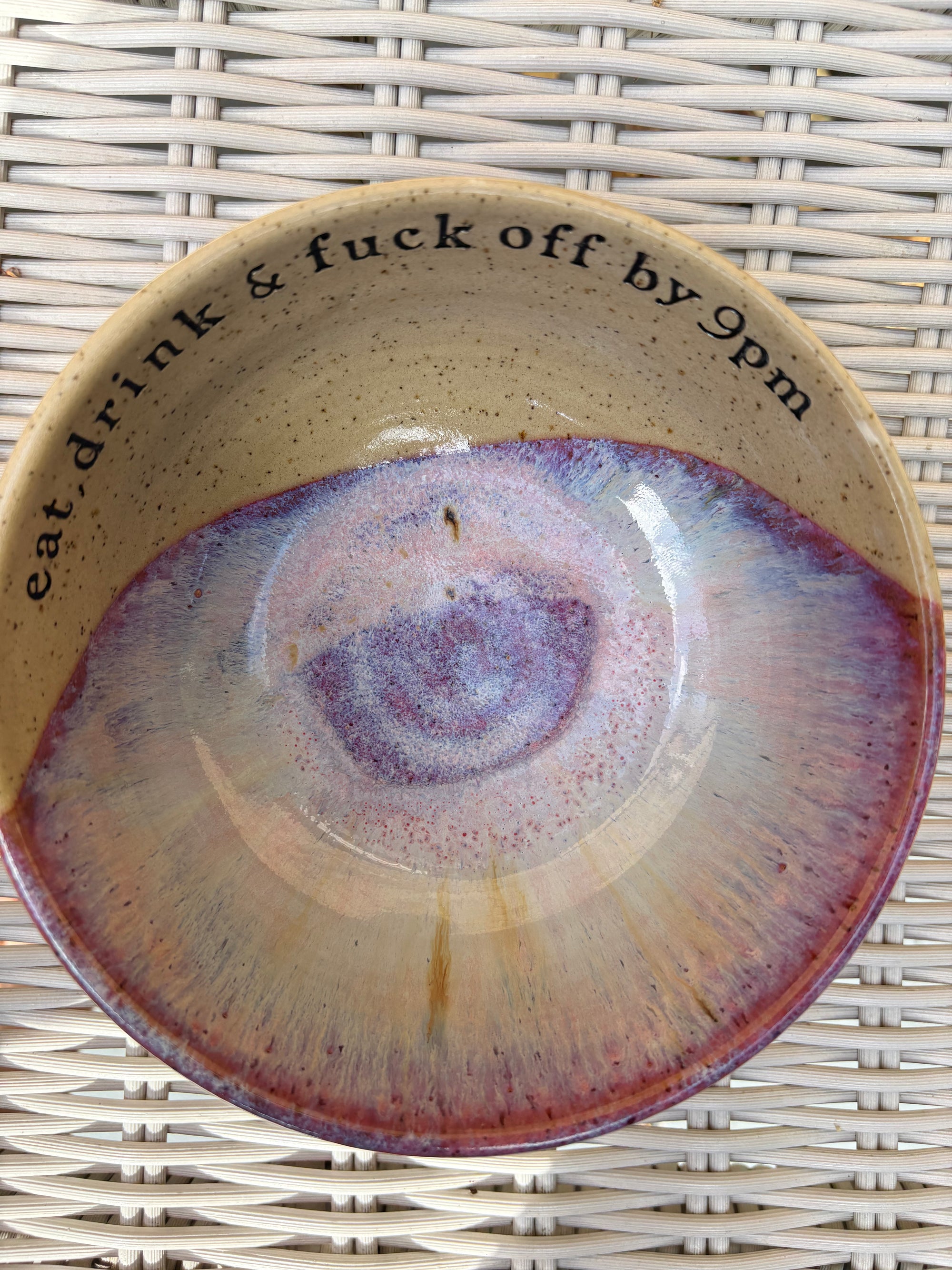 “eat, drink and fuck off by 9pm"  deep round salad/pasta bowl (lilac, flecked clay)