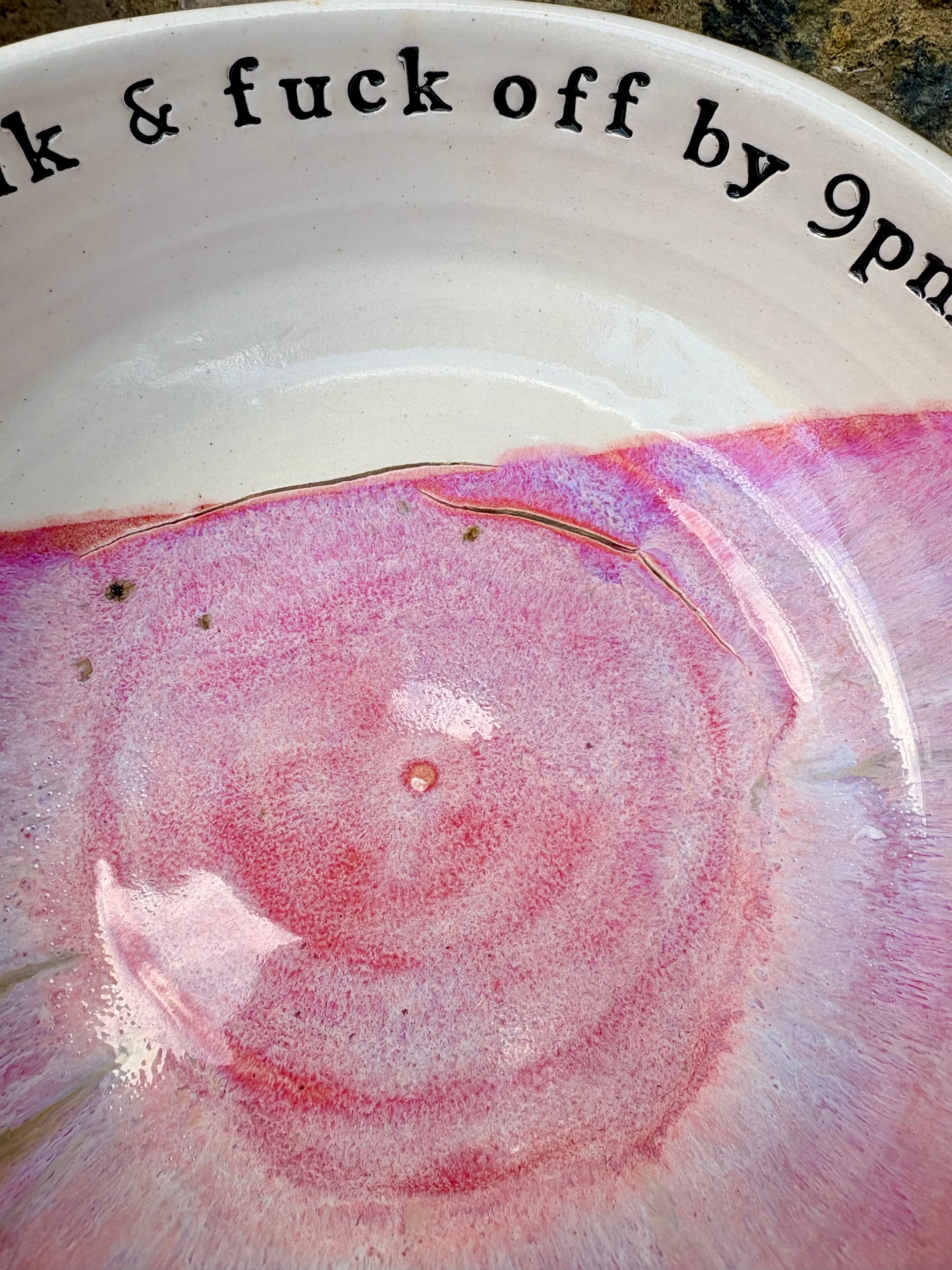 “eat, drink and fuck off by 9pm" round salad/pasta bowl (pink, cream clay, second)