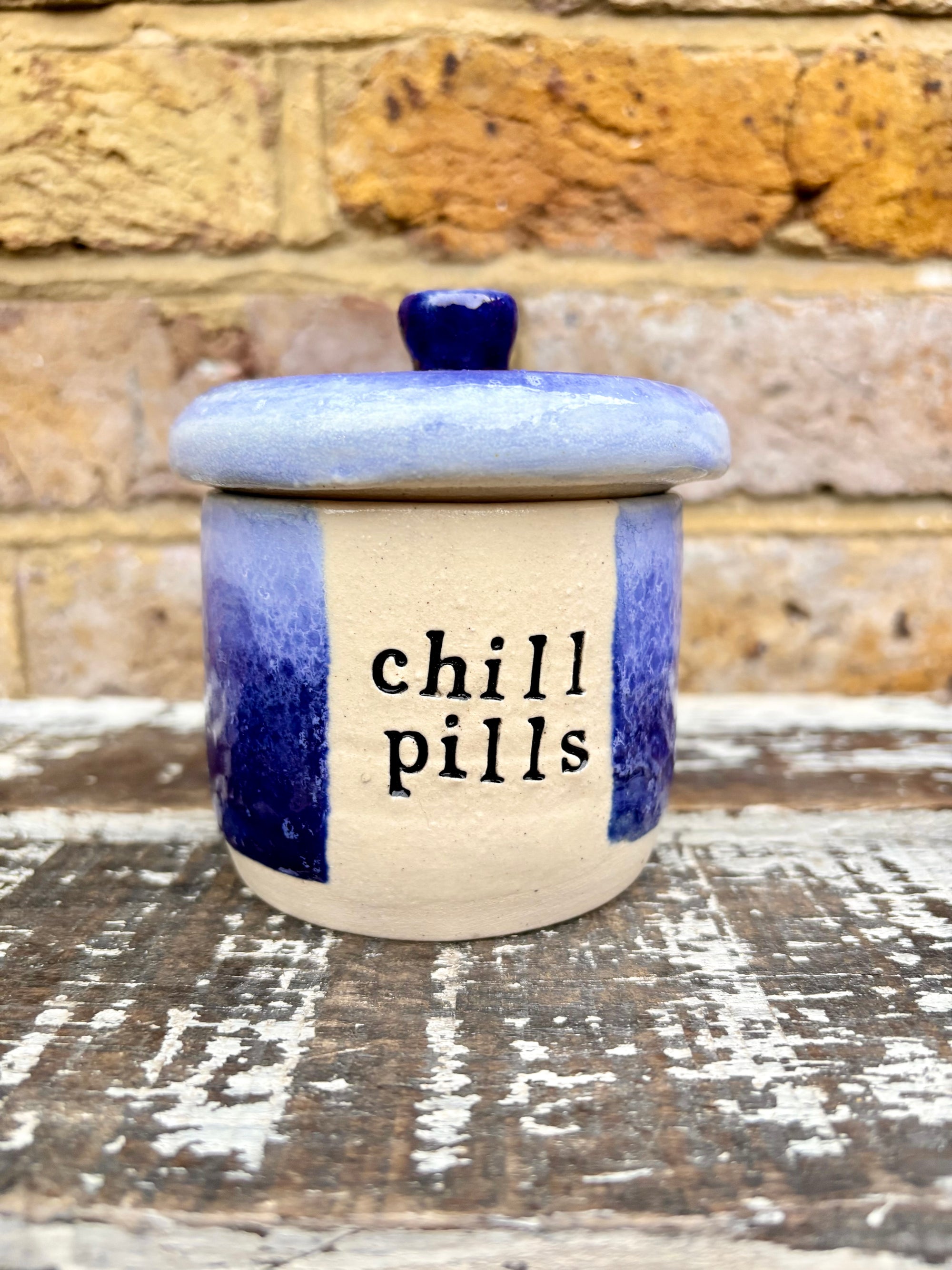 "chill pills" lidded pot (blue)