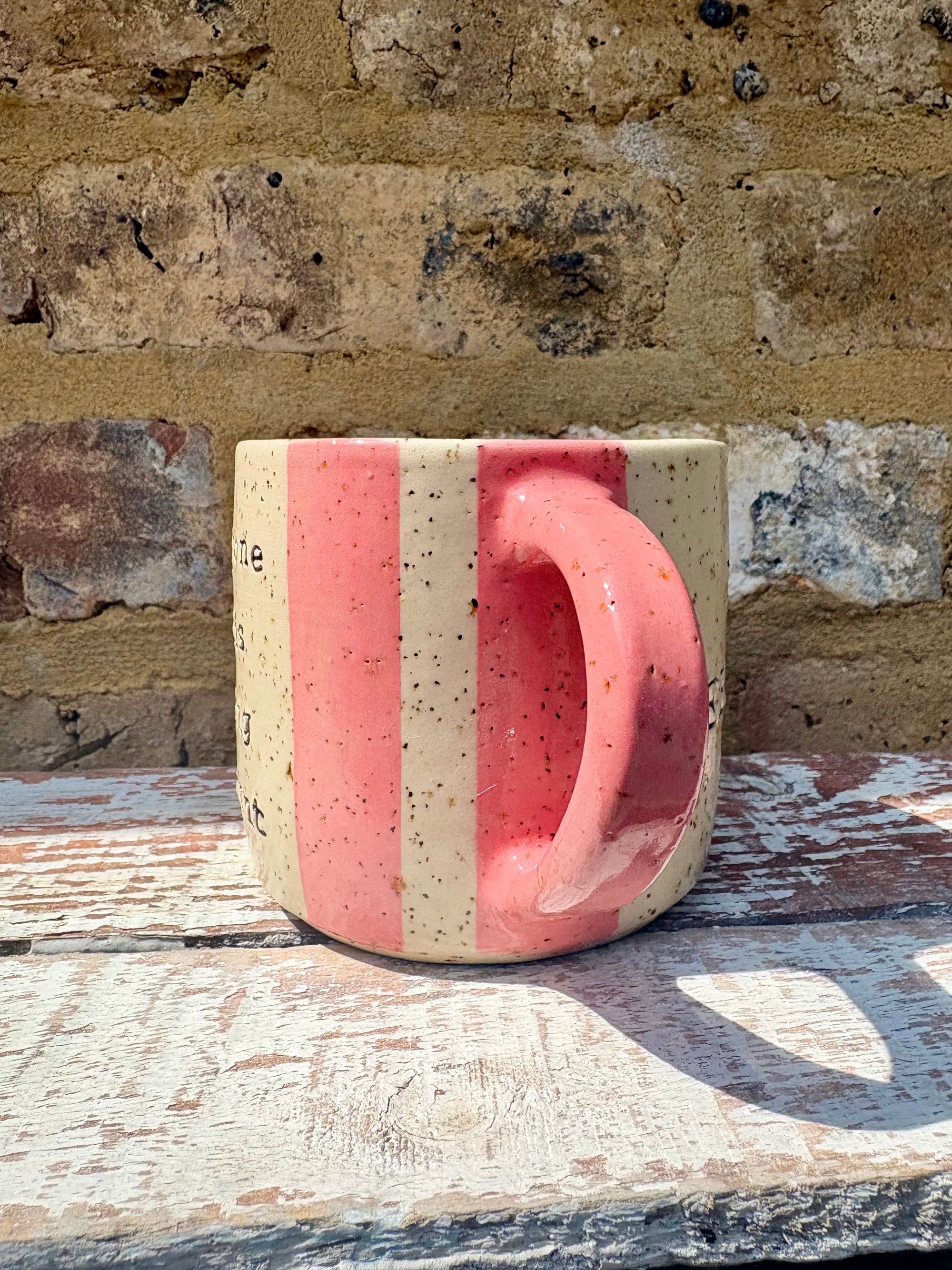 "I 🩷 MEETINGS” "everyone in this meeting is a cunt" mug (pink stripes)