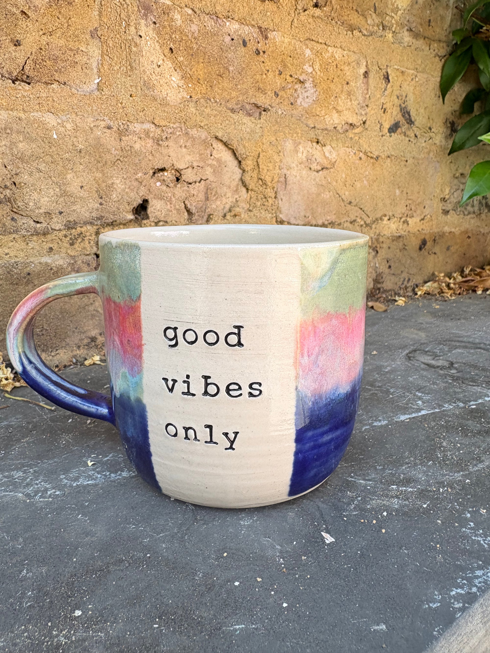 “good vibes only" "fuck off" mug (pink night sky)