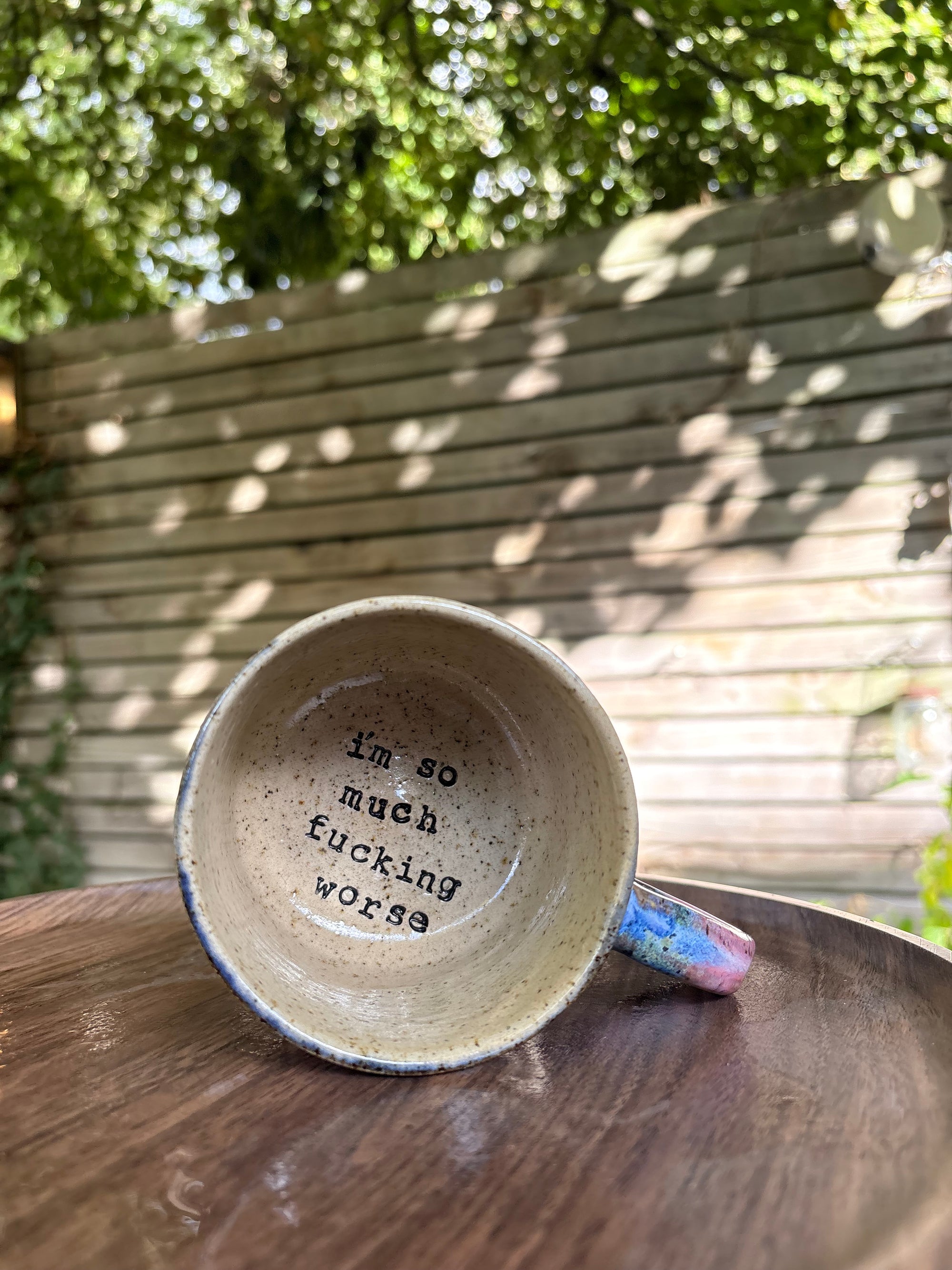 “I’m not like other girls" "I’m so much fucking worse” mug (right hander, flecked, pinks/blues)