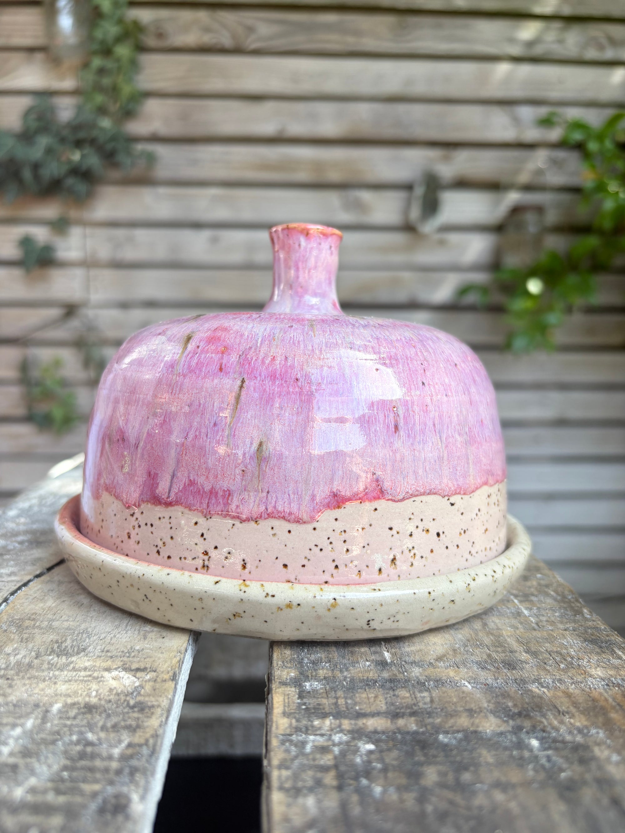 Butter Dish (butter slut, pink wood, flecked clay, knob)