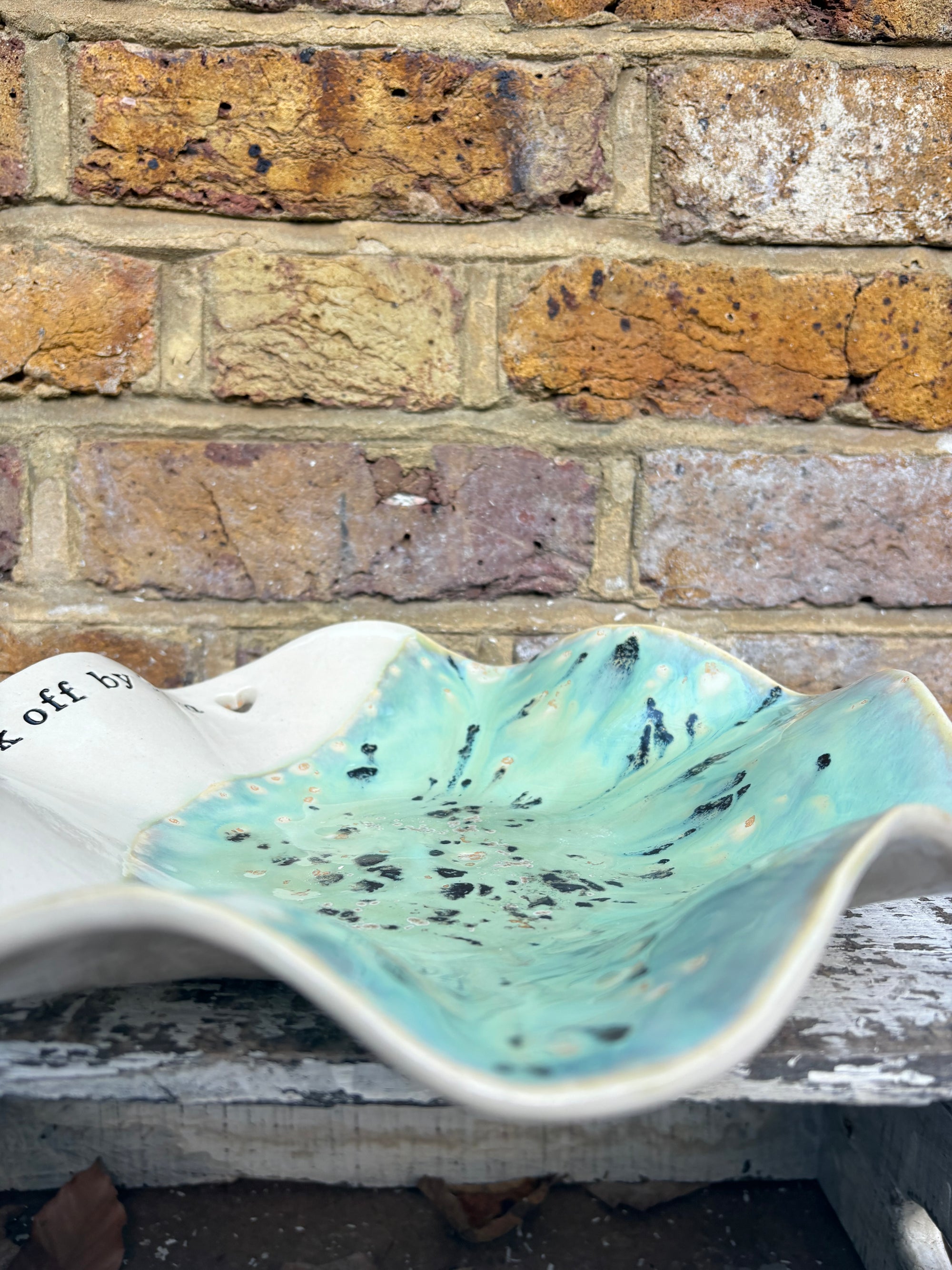 "good food, fine wine, great company..." salad/serving dish (creamy mint green)