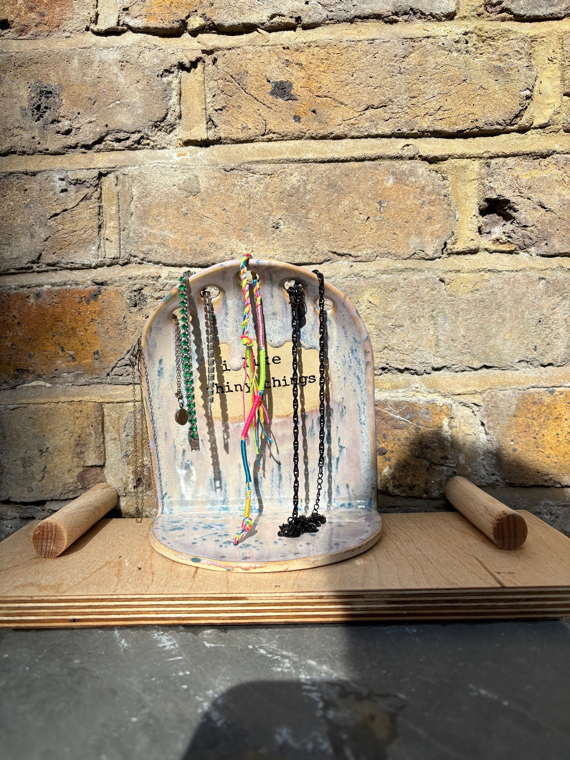 "I like shiny things" handmade jewellery holder (purple)