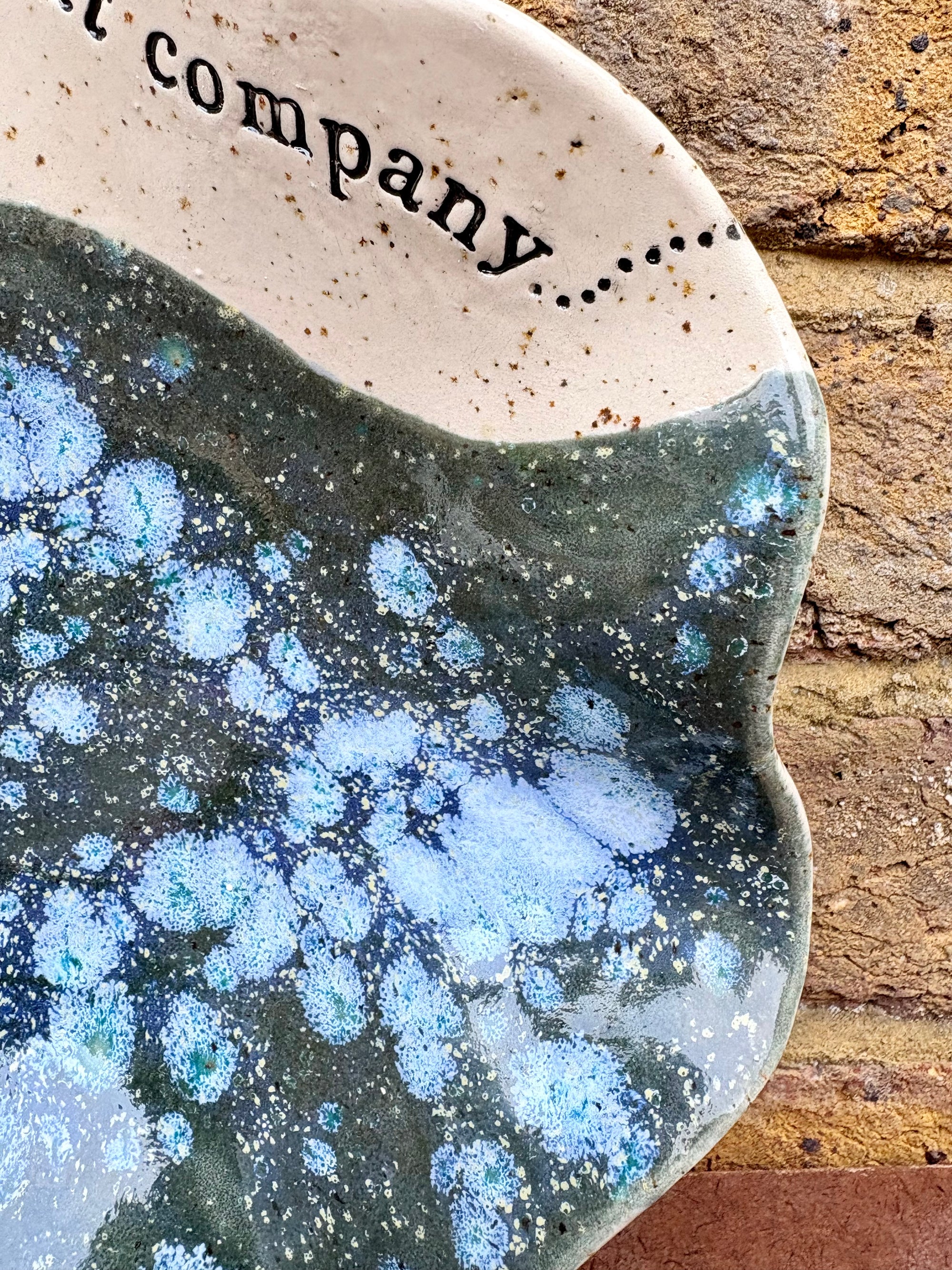 "good food, fine wine, great company..." salad/serving dish (teal green diffusion)