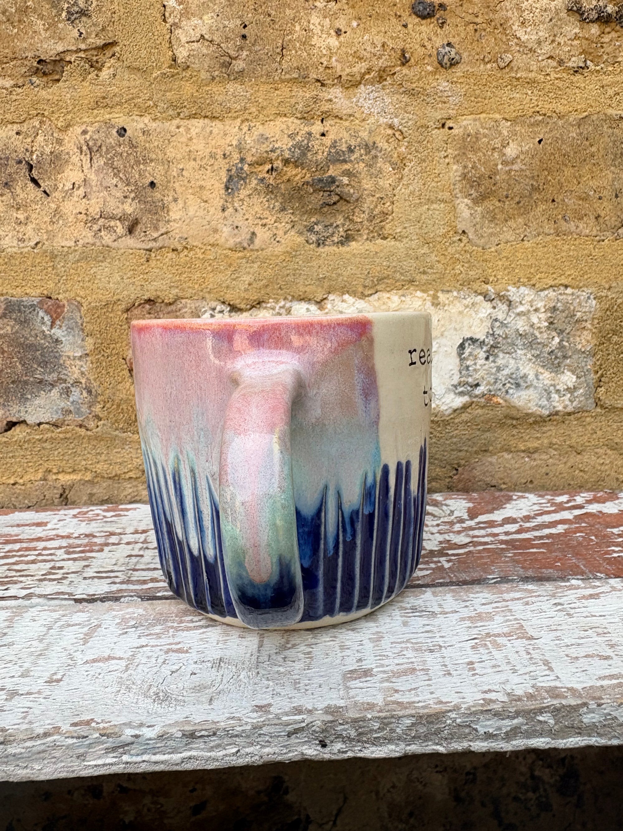 "really happy to be here” "what a bunch of cunts" mug (pink night sky, grooves)