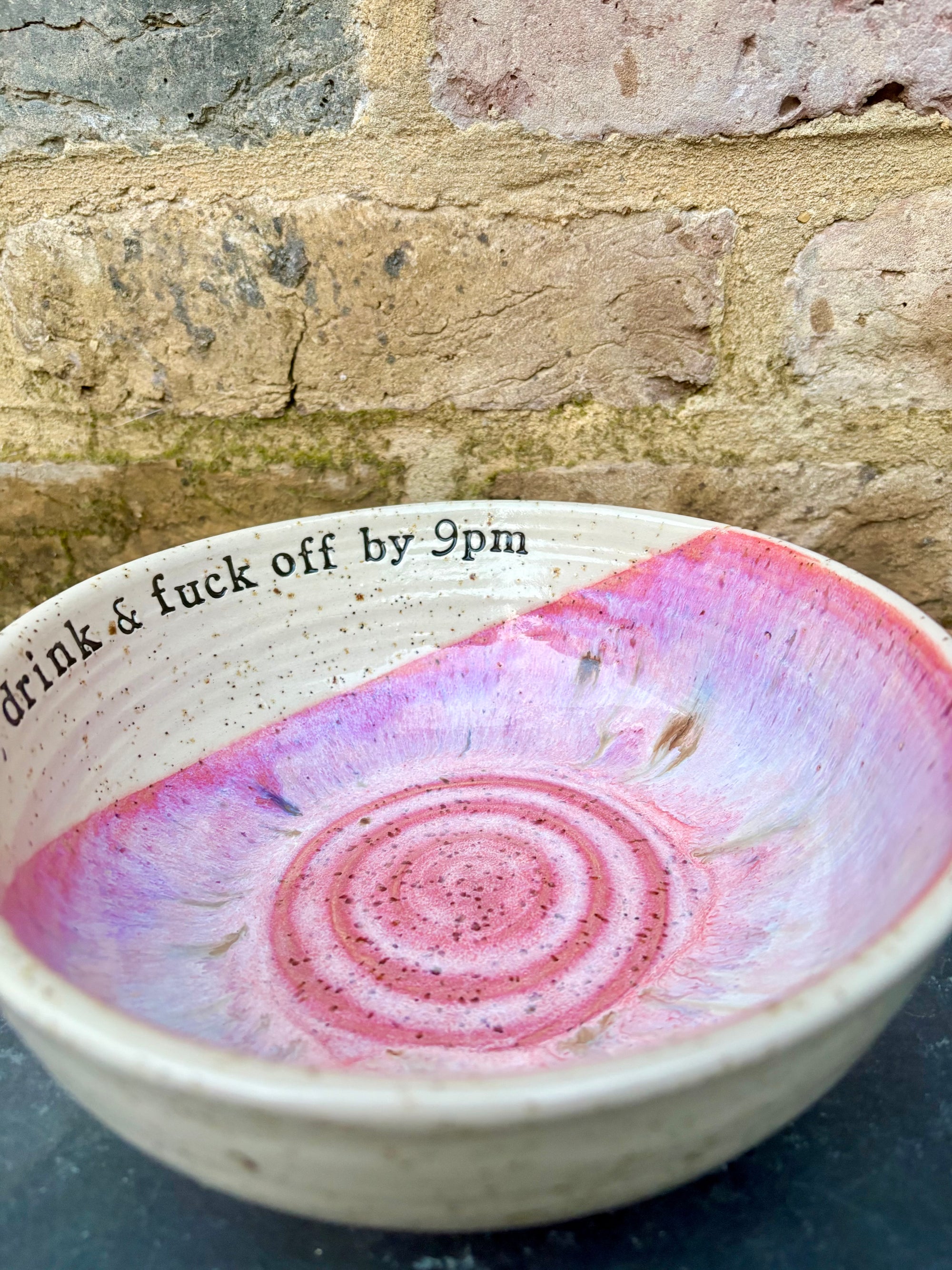 “eat, drink and fuck off by 9pm" round salad/pasta bowl (pink, flecked clay)