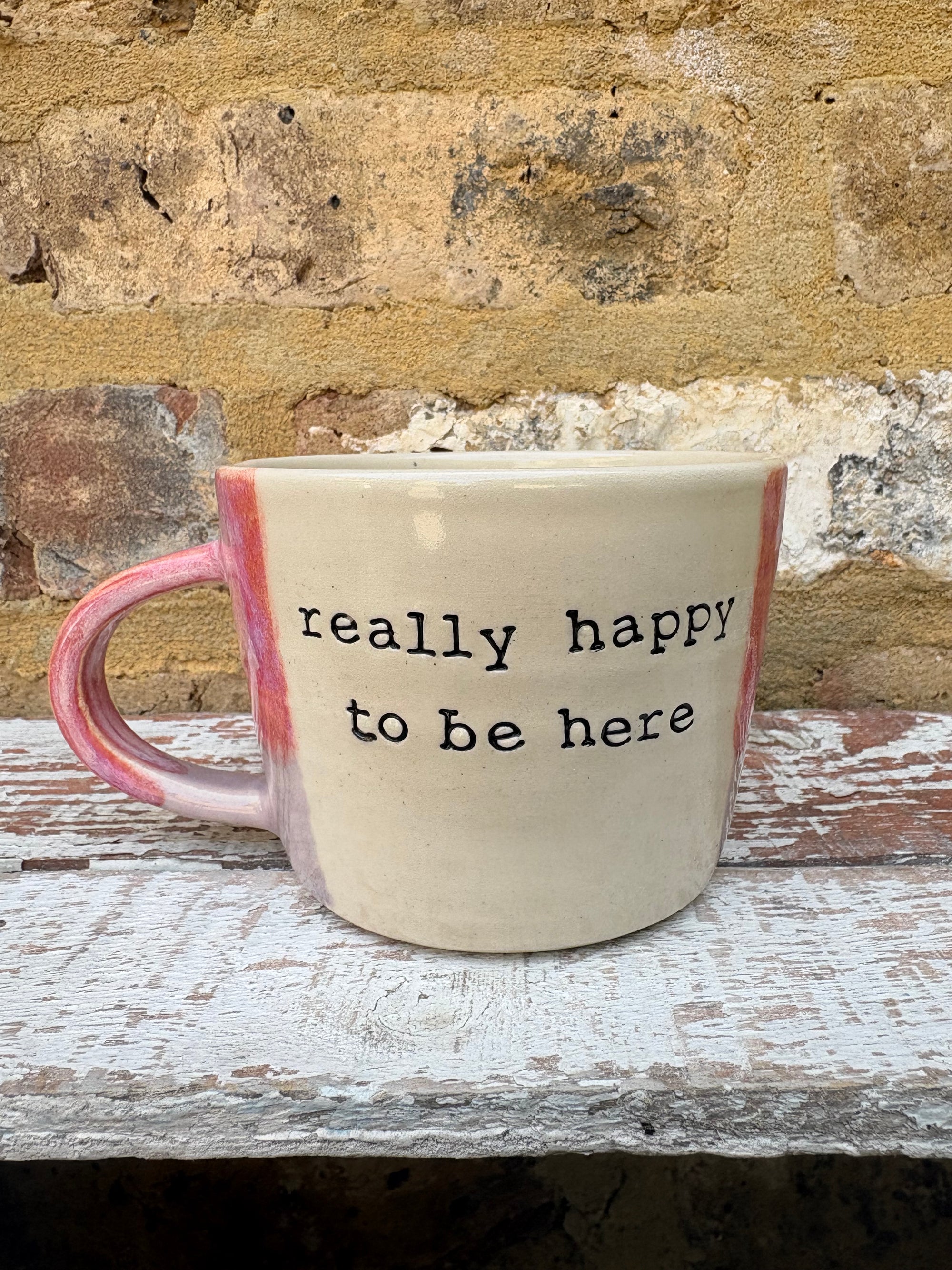 "really happy to be here” "what a bunch of cunts" mug (pink/lilac)