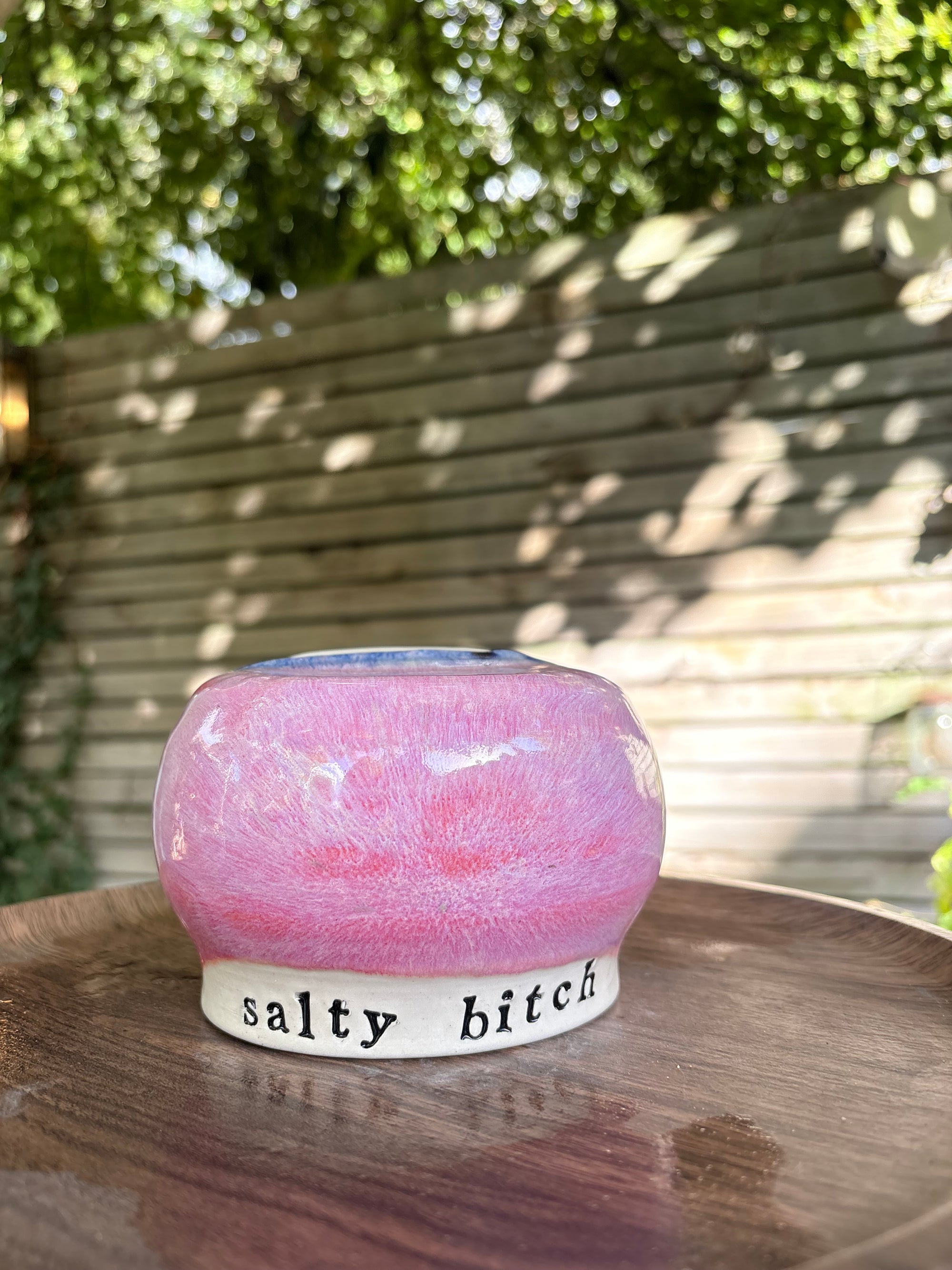 "salty bitch" salt pig (XL, blue/pink, cream clay)