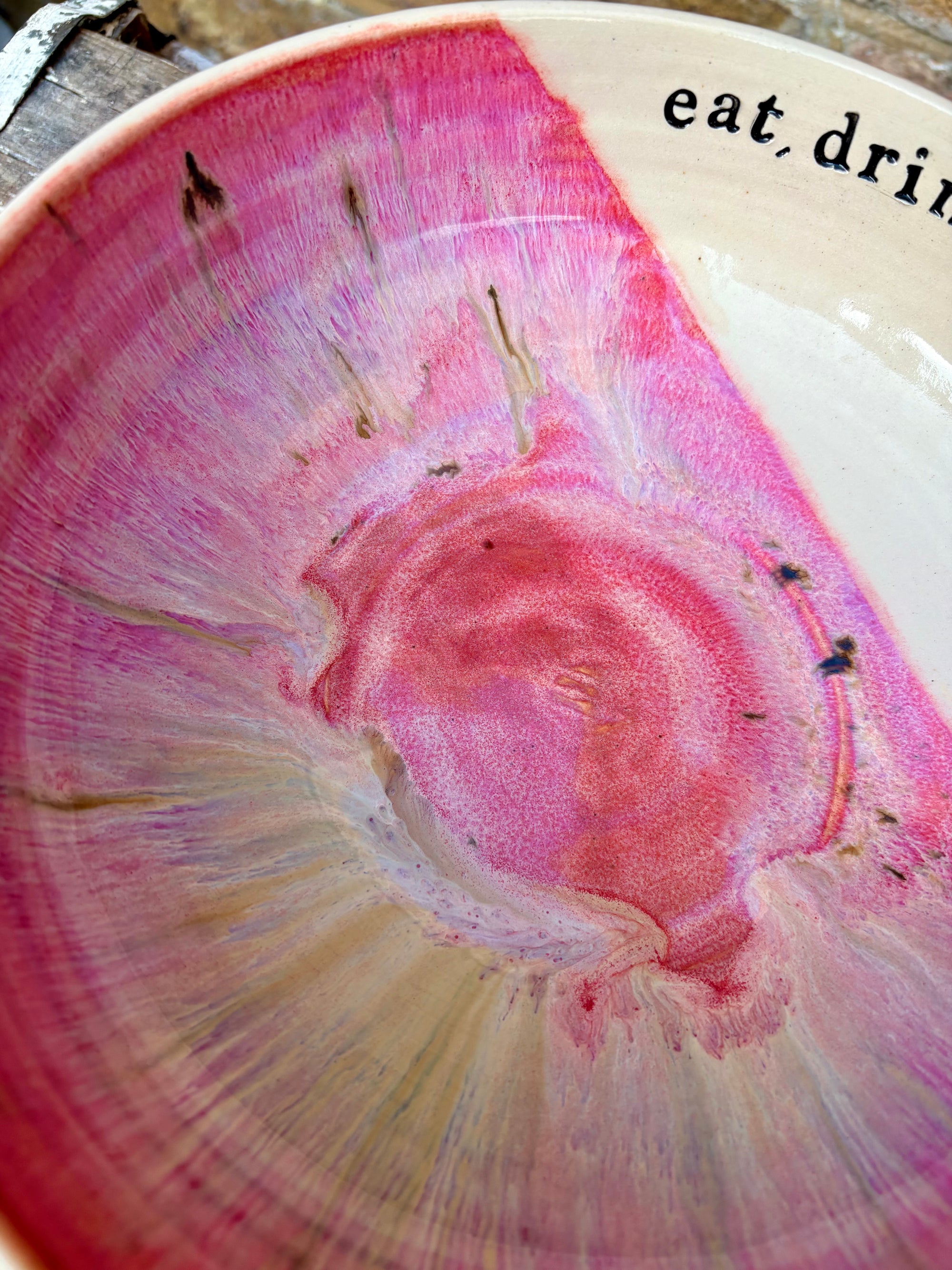 “eat, drink and fuck off by 9pm"  deep round salad/pasta bowl (pink, cream clay)