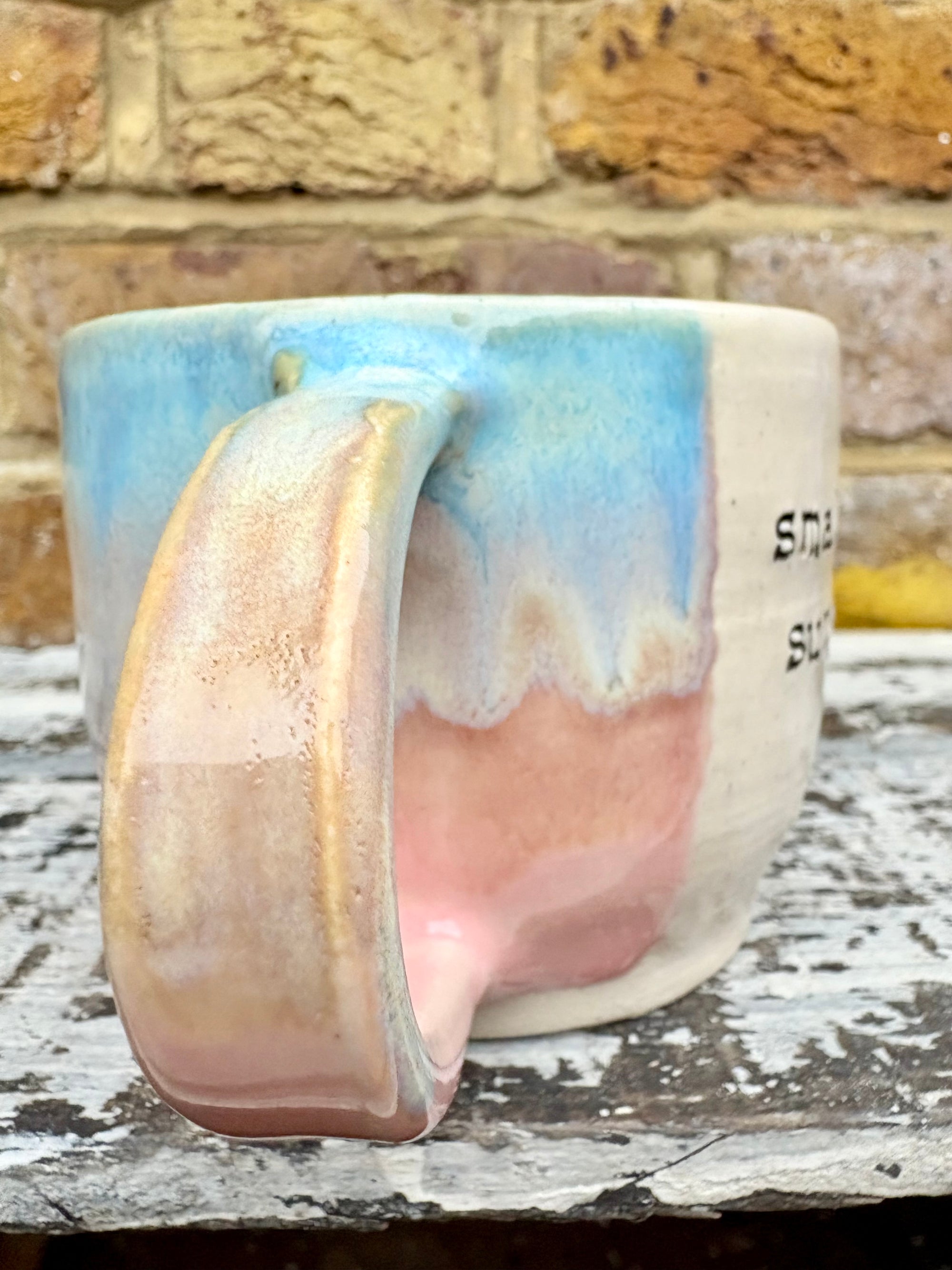 Small Talk Survivor mug (pinks and blue)