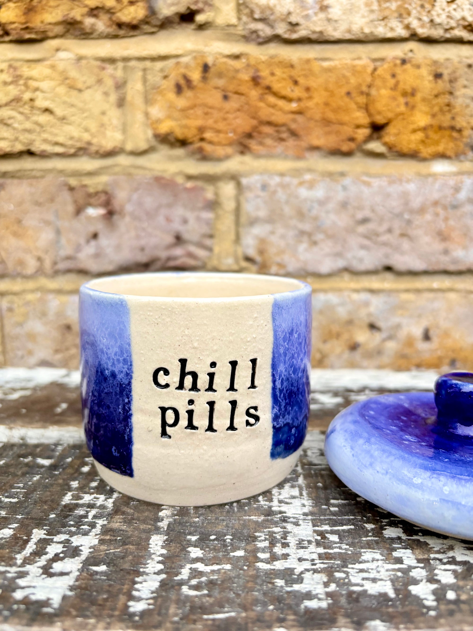 "chill pills" lidded pot (blue)