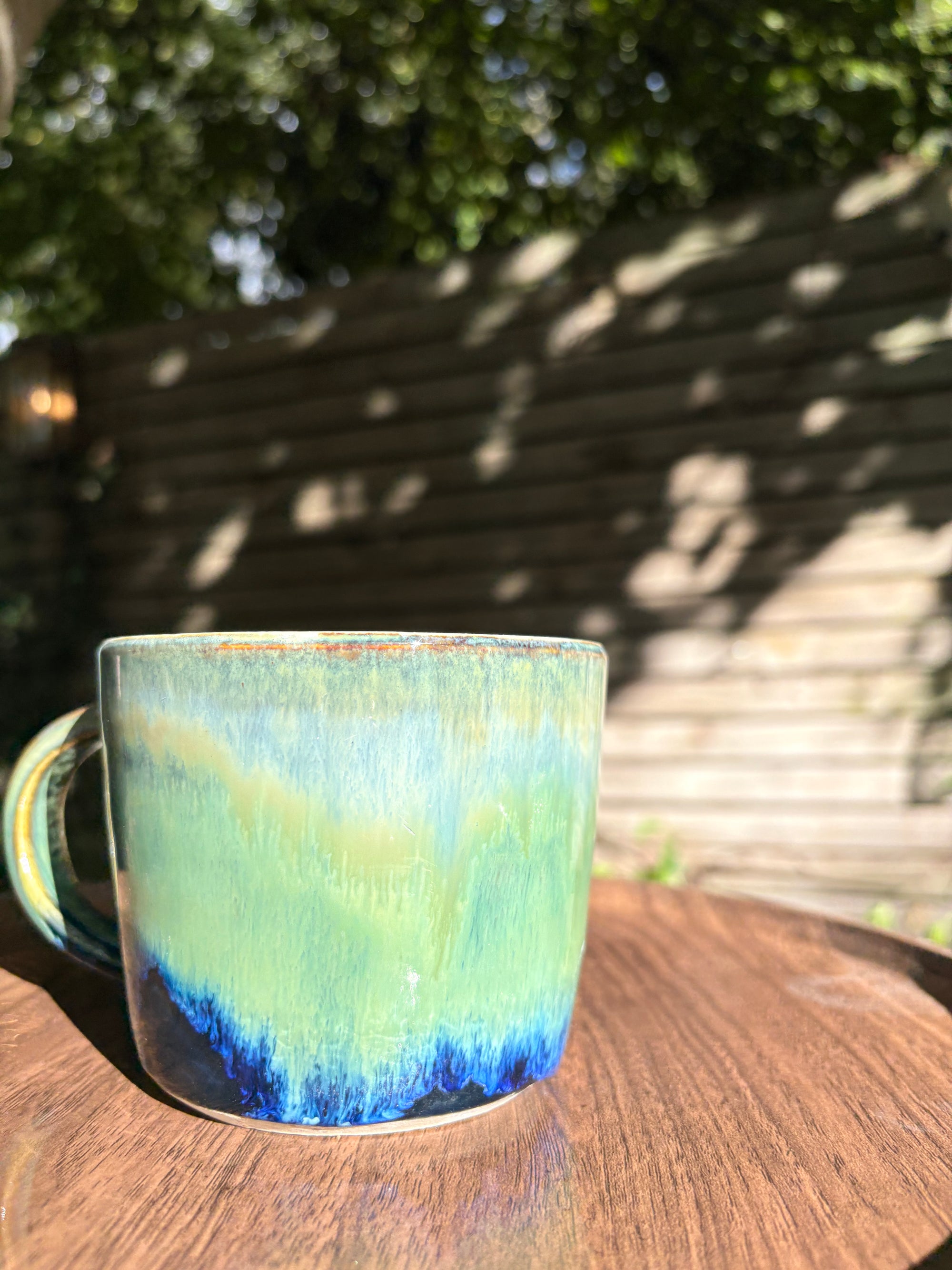 "what a fucked up time to be alive" mug (green/blue)