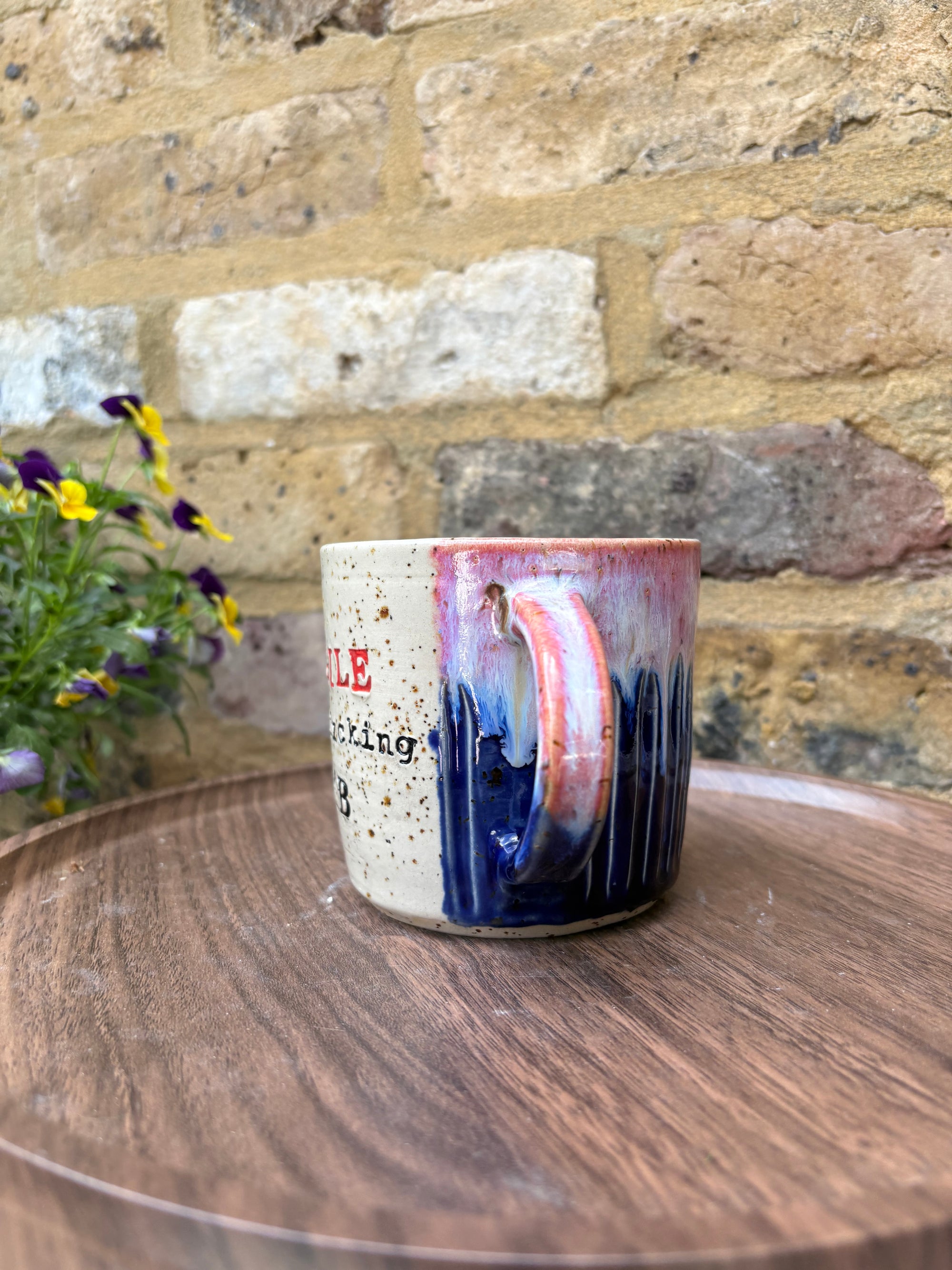 "FRAGILE like a fucking bomb" mug (pink/ blue/ red fragile)