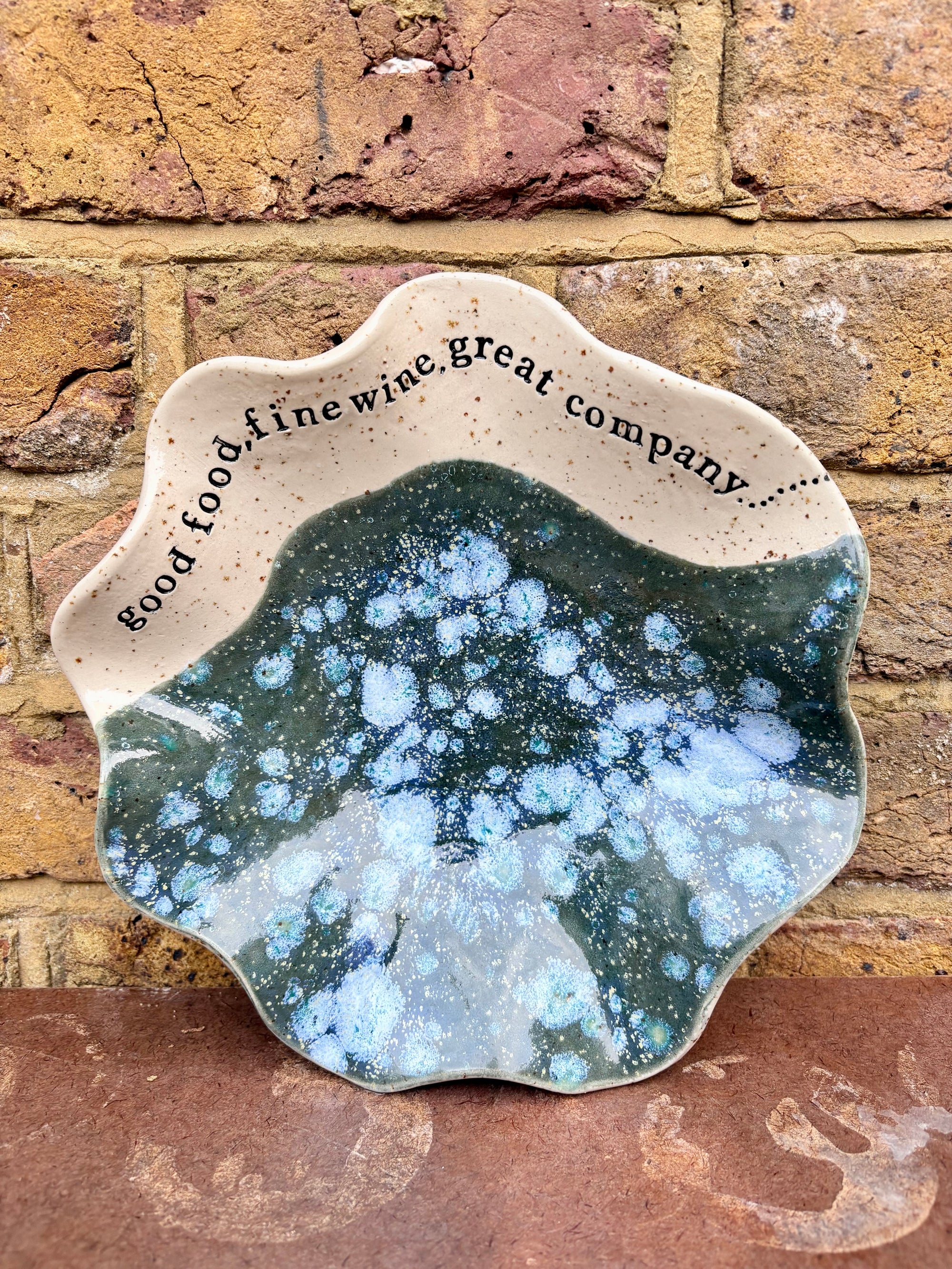 "good food, fine wine, great company..." salad/serving dish (teal green diffusion)