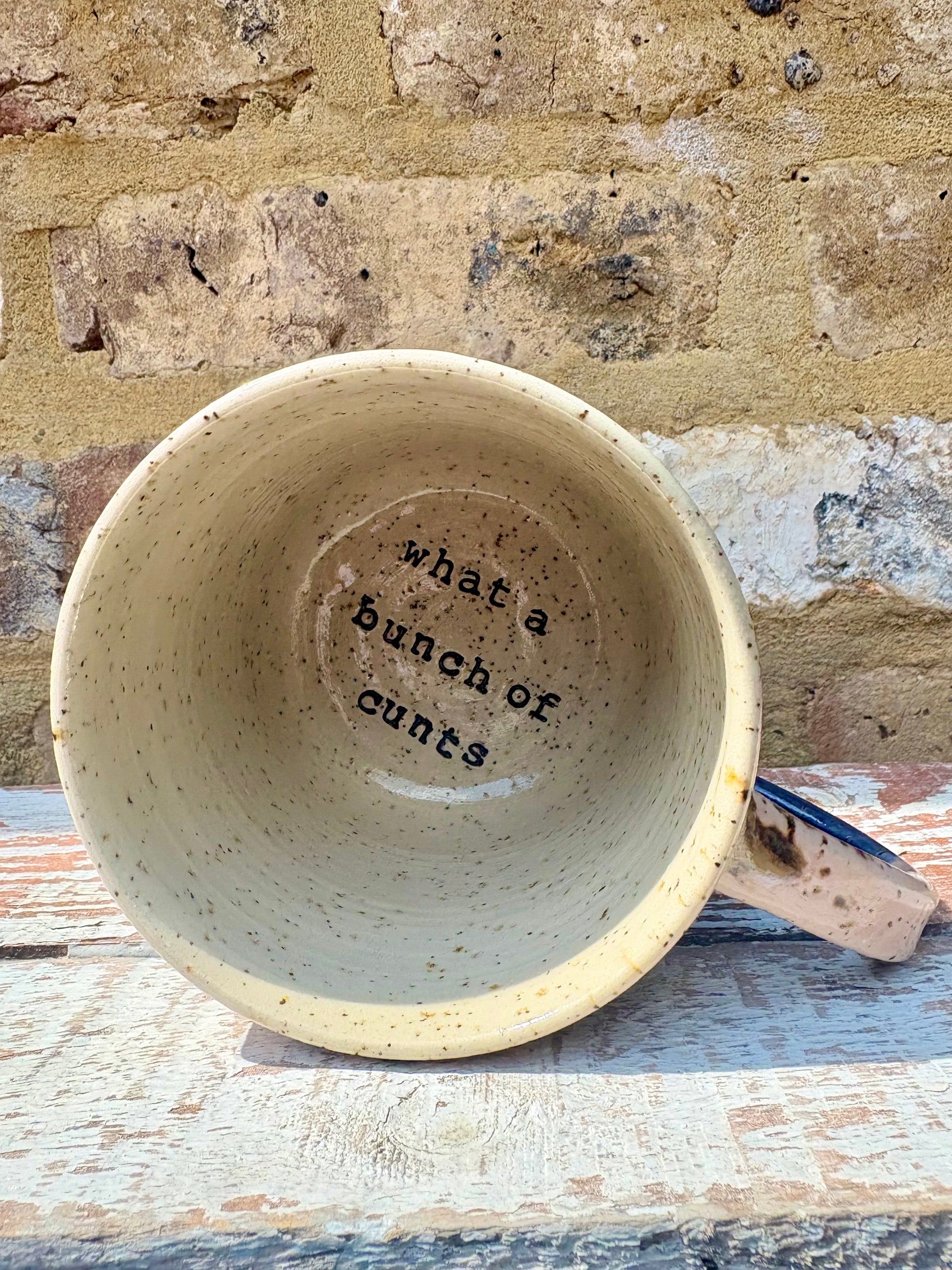 "happy to be here” "what a bunch of cunts" mug (pink/blue, grooves)