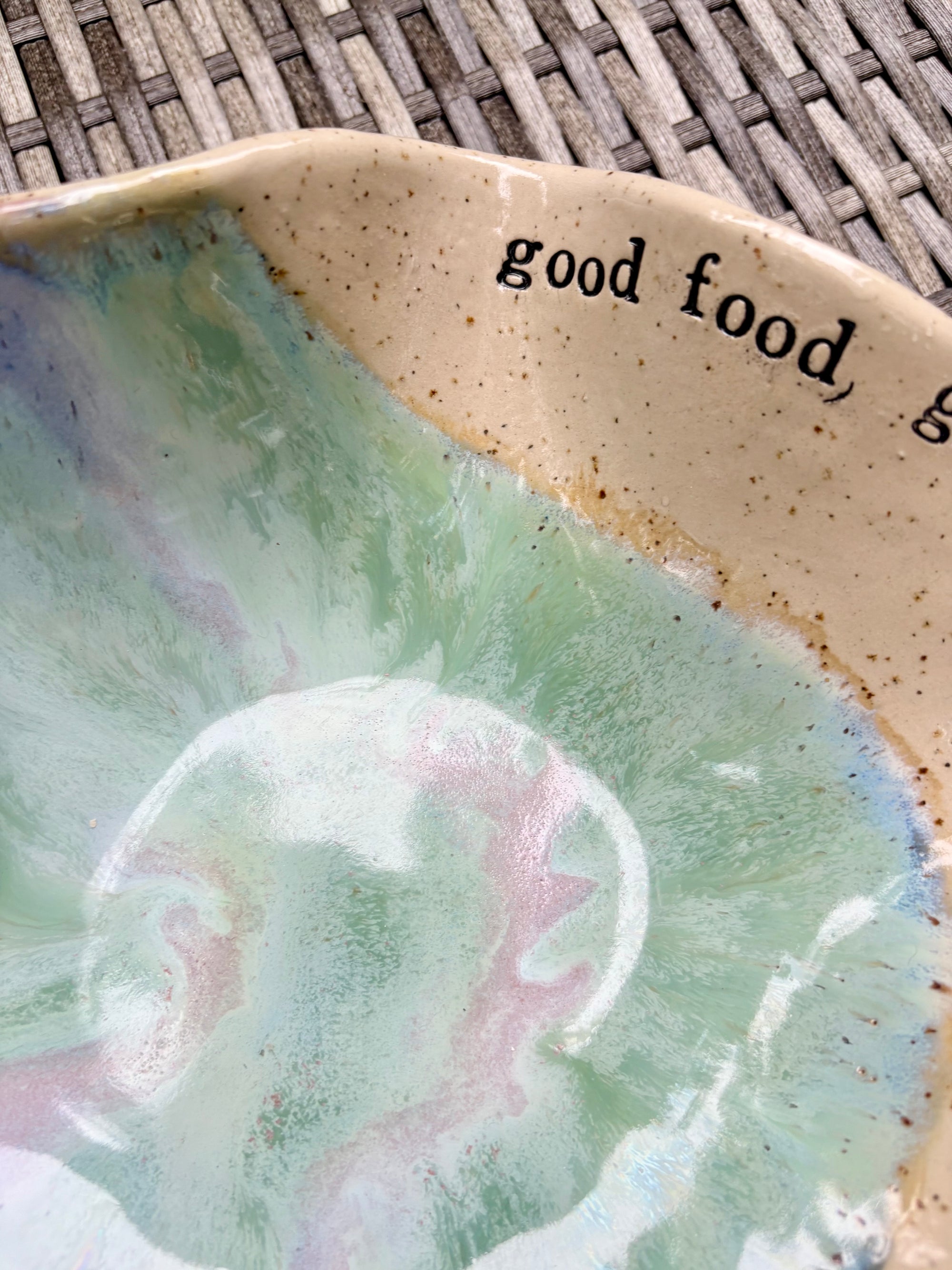 “good food, good wine, good company..." long and deep salad dish