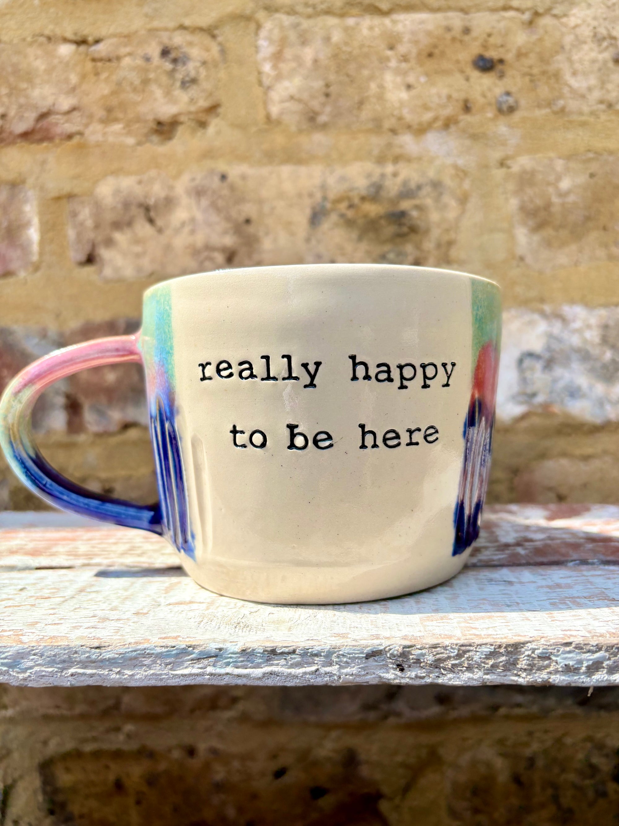 XL "really happy to be here” "what a bunch of cunts" mug (pink night sky, grooves)