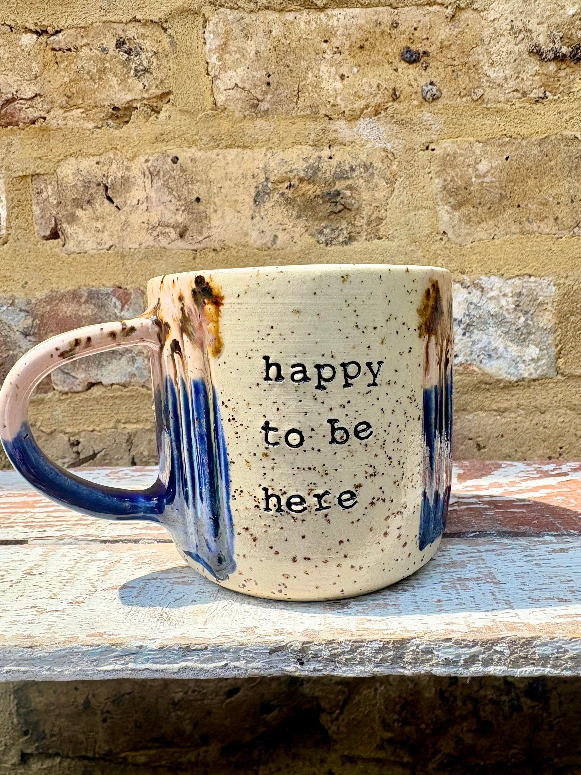 "happy to be here” "what a bunch of cunts" mug (pink/blue, grooves)