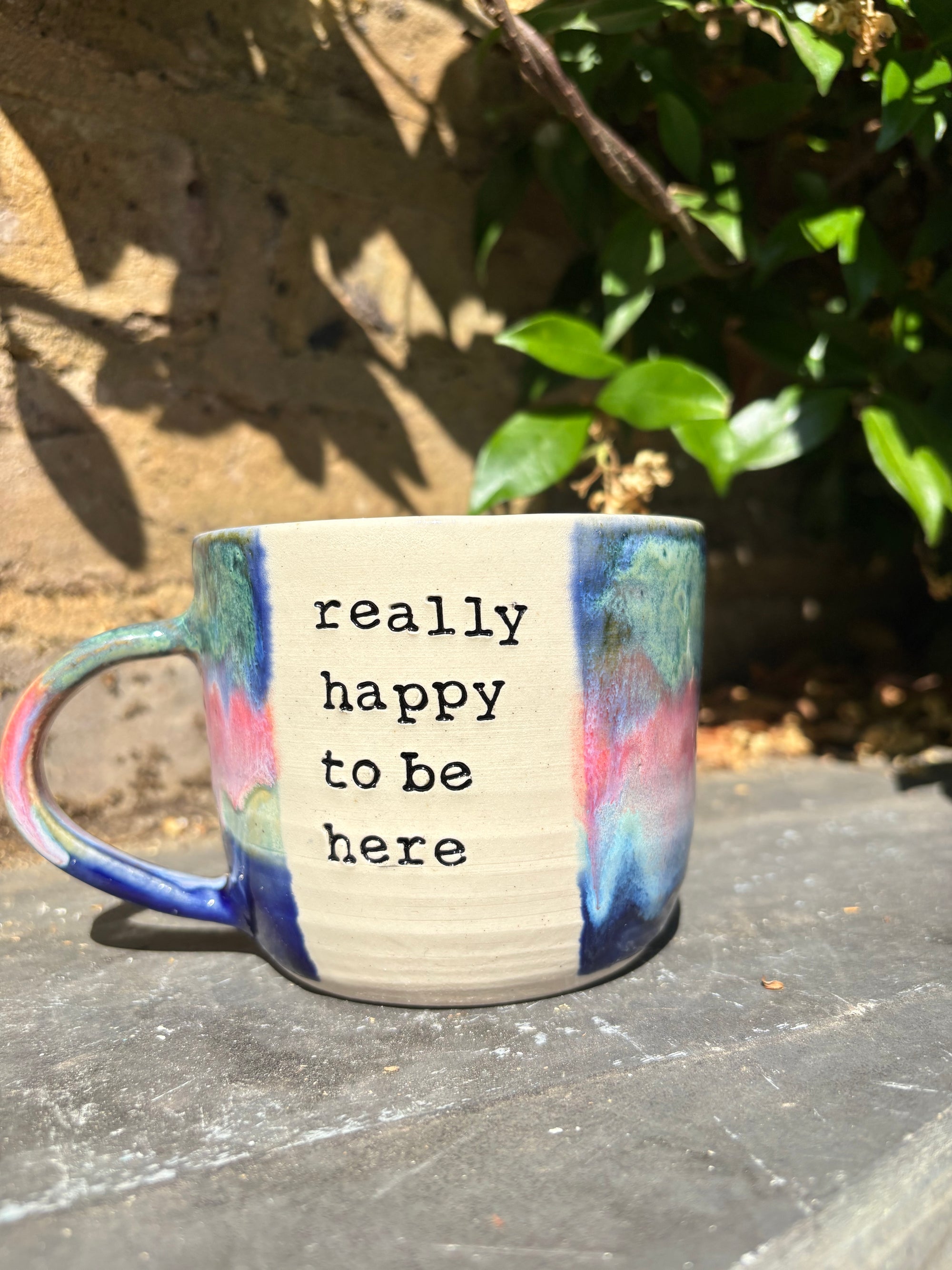 "really happy to be here” "what a bunch of cunts" mug (pink night sky, 375ml)
