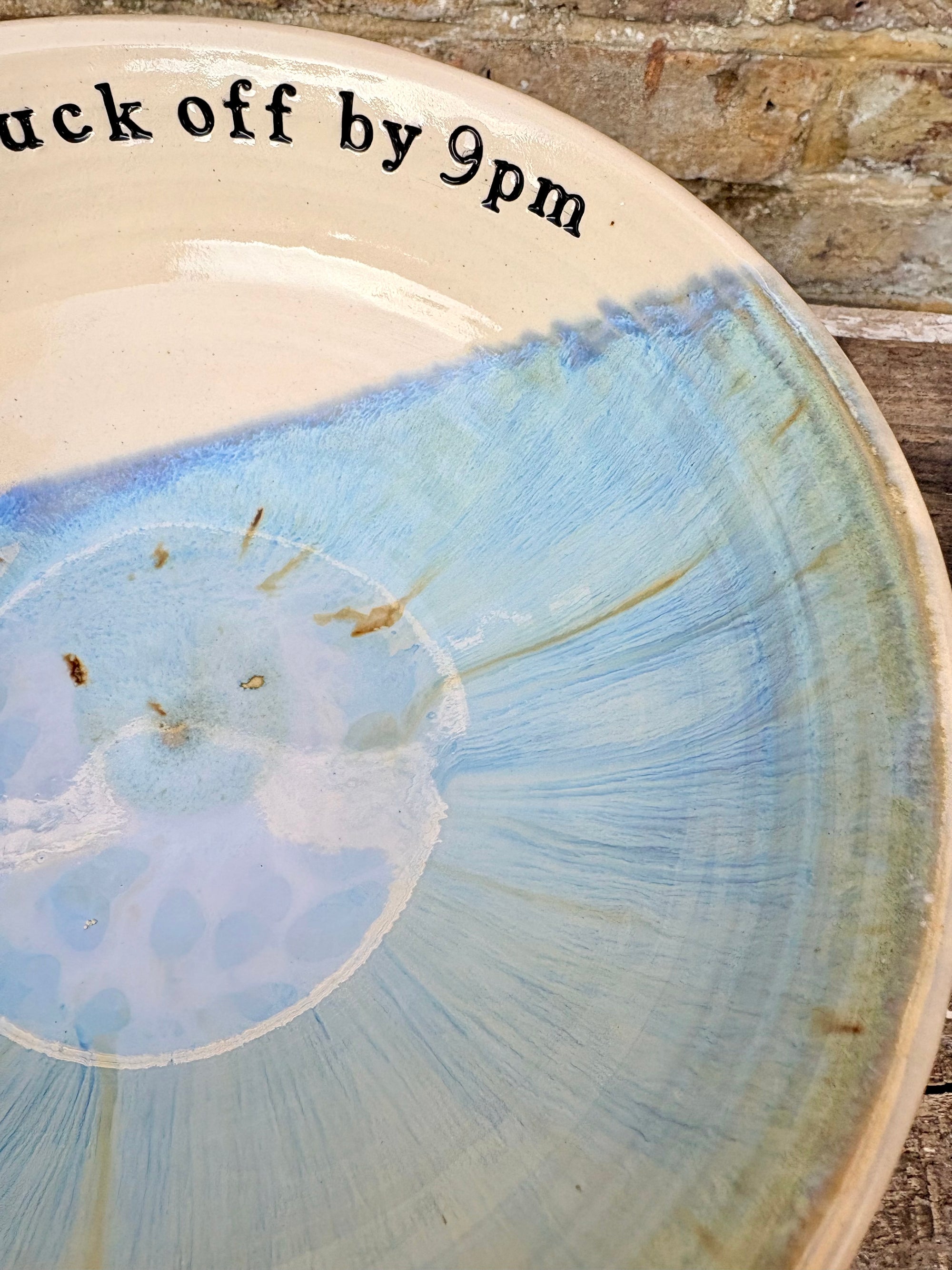 “eat, drink and fuck off by 9pm"  deep round salad/pasta bowl (blue, cream clay)