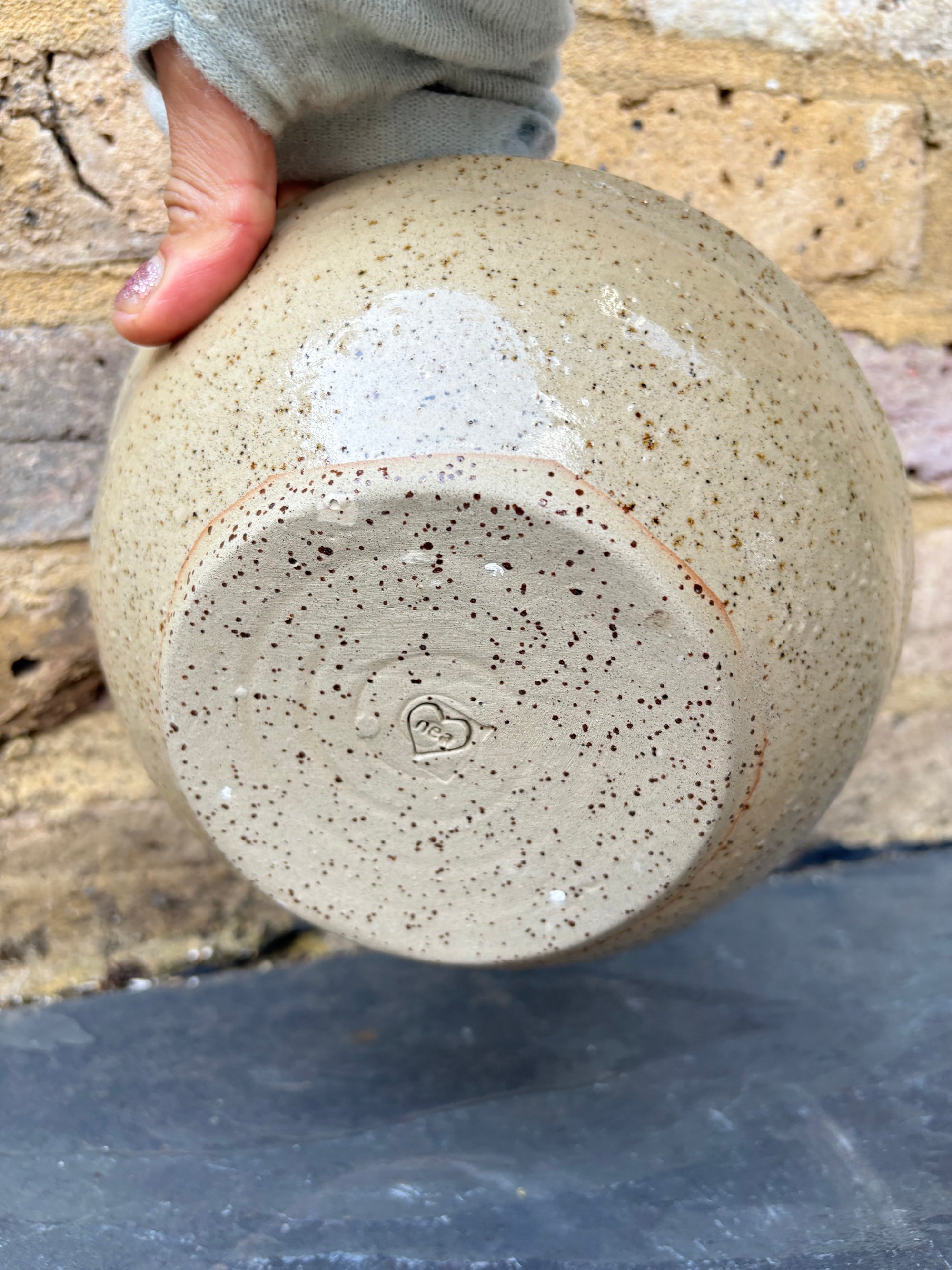 “eat, drink and fuck off by 9pm"  deep round salad/pasta bowl (pink, dark flecked clay)