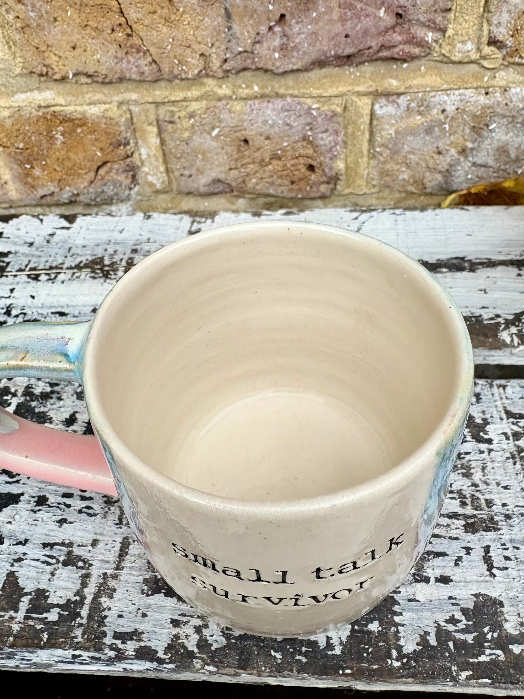 Small Talk Survivor mug (pinks and blue)