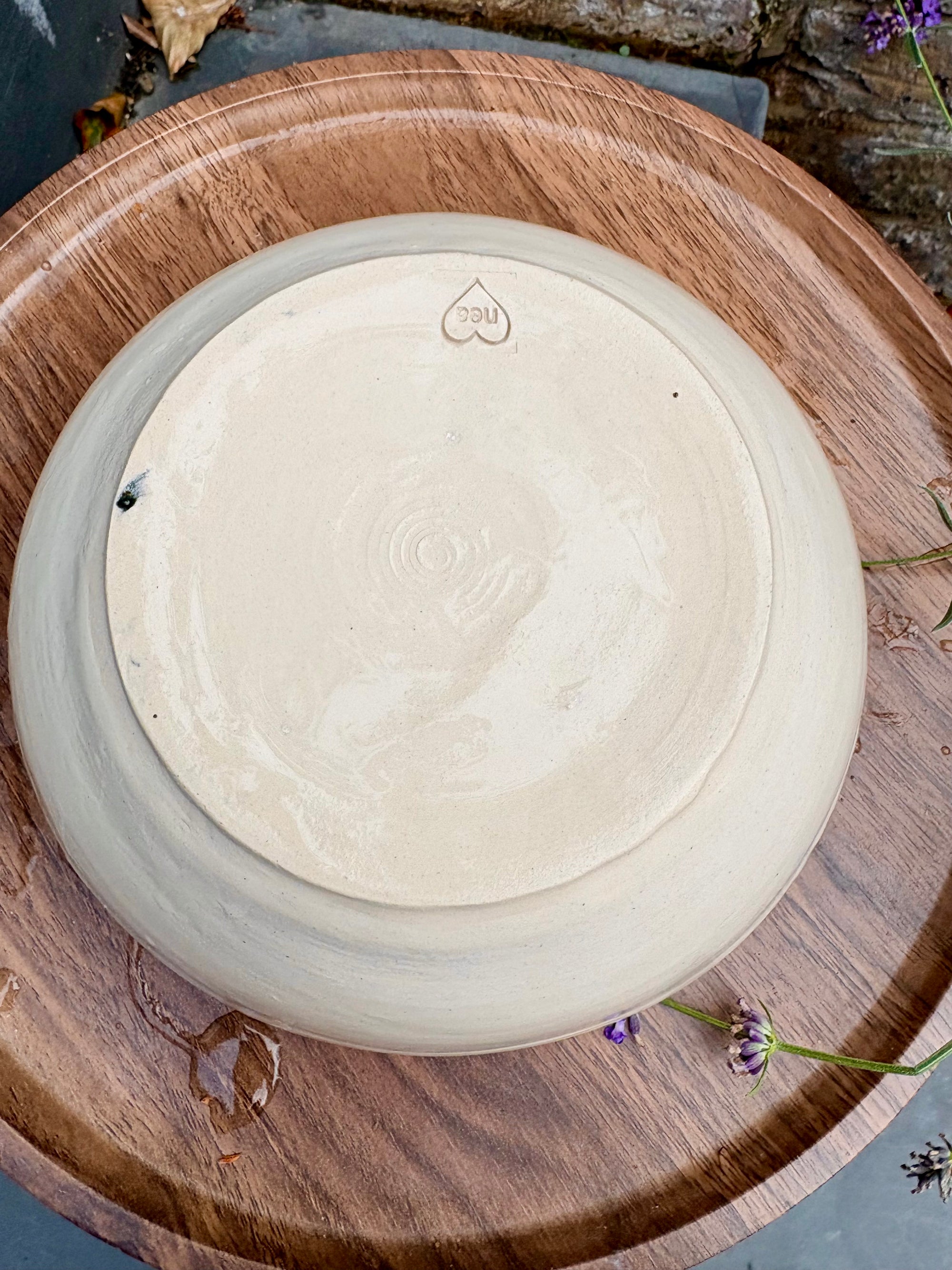 “eat, drink and fuck off by 9pm" round (ish) pasta/salad/serving bowl (green, cream clay)