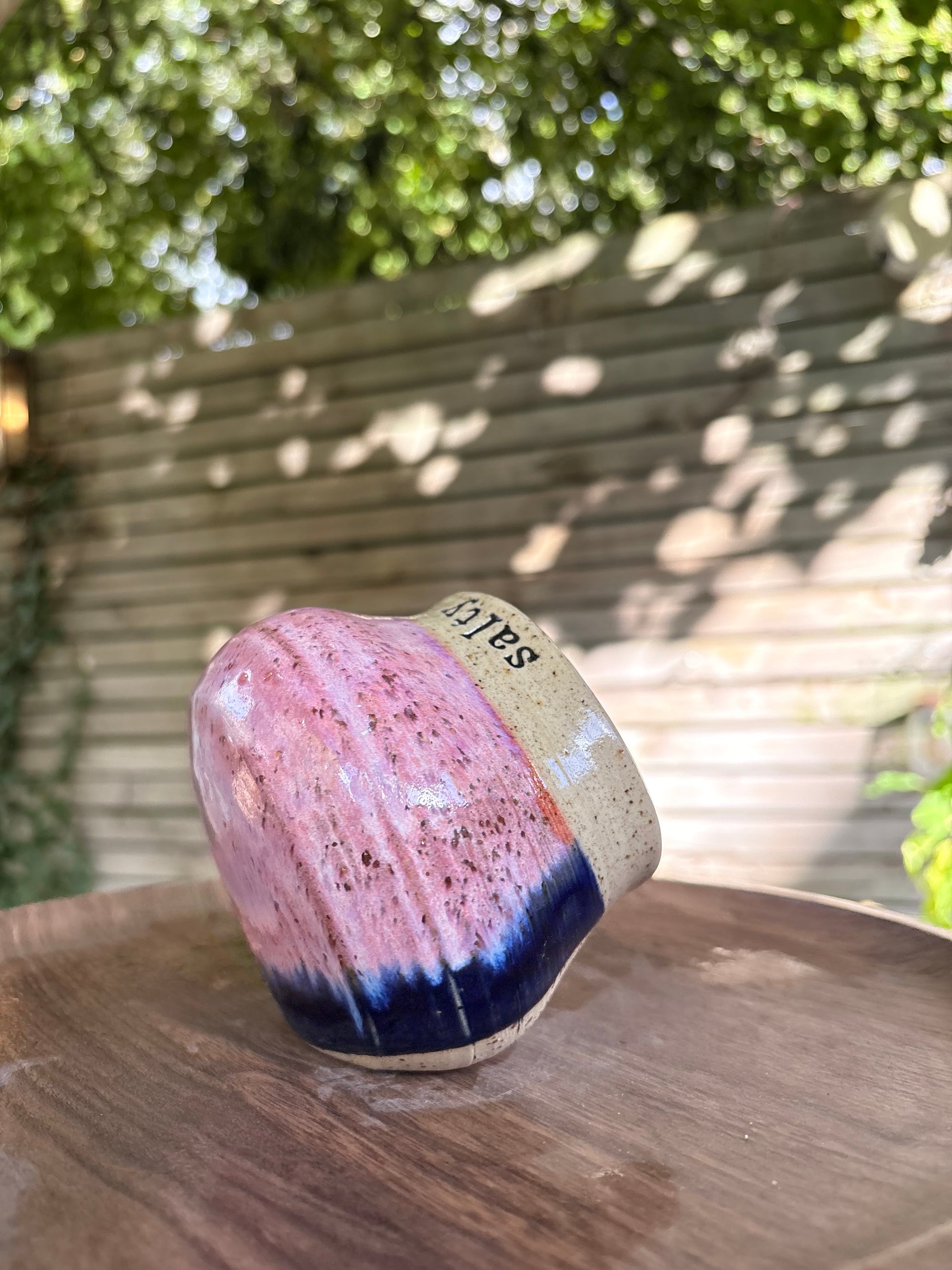 "salty bitch" salt pig (L, blue/pink, flecked clay)