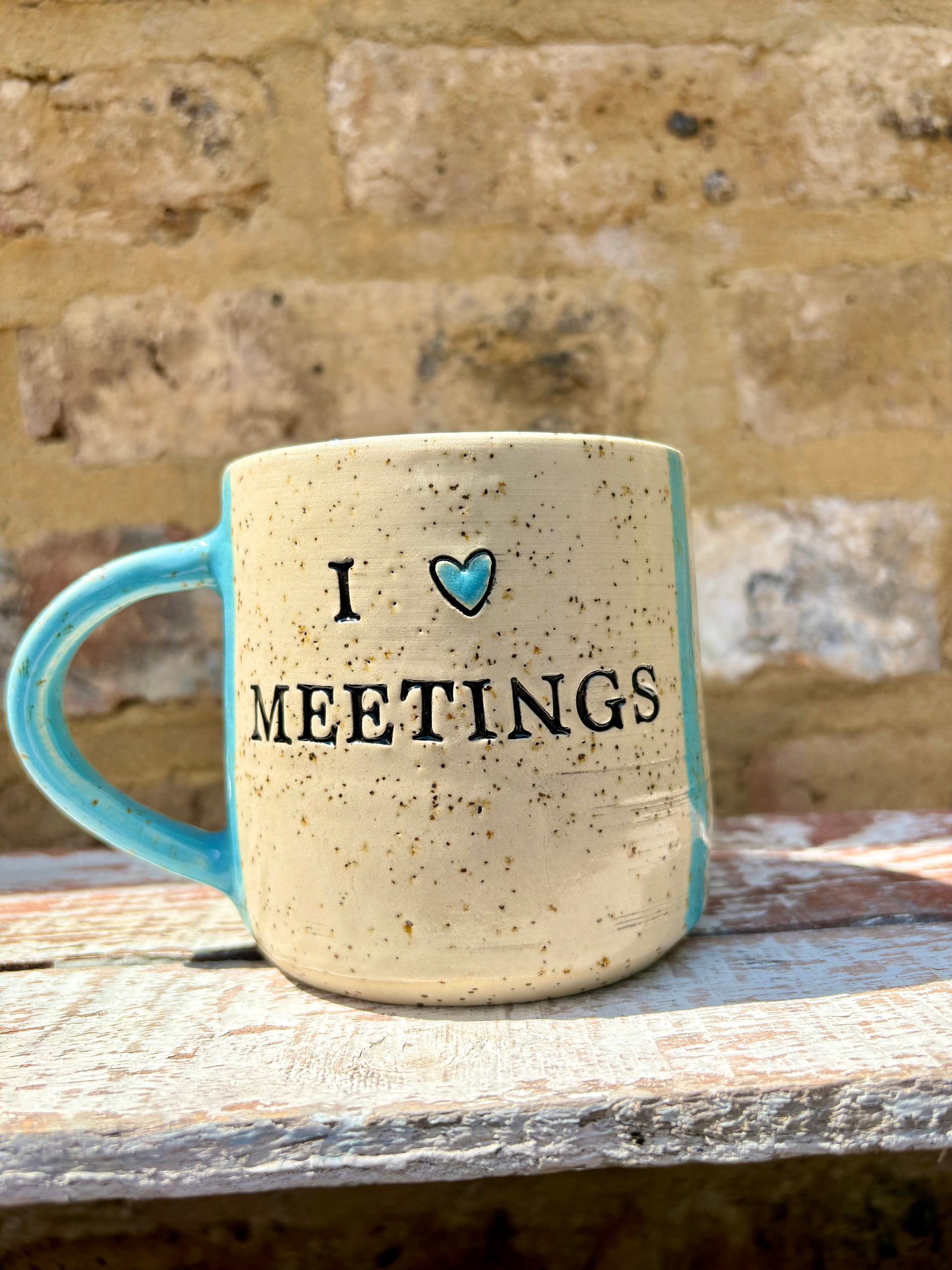 "I 💙 MEETINGS” "everyone in this meeting is a cunt" mug (blue stripes)