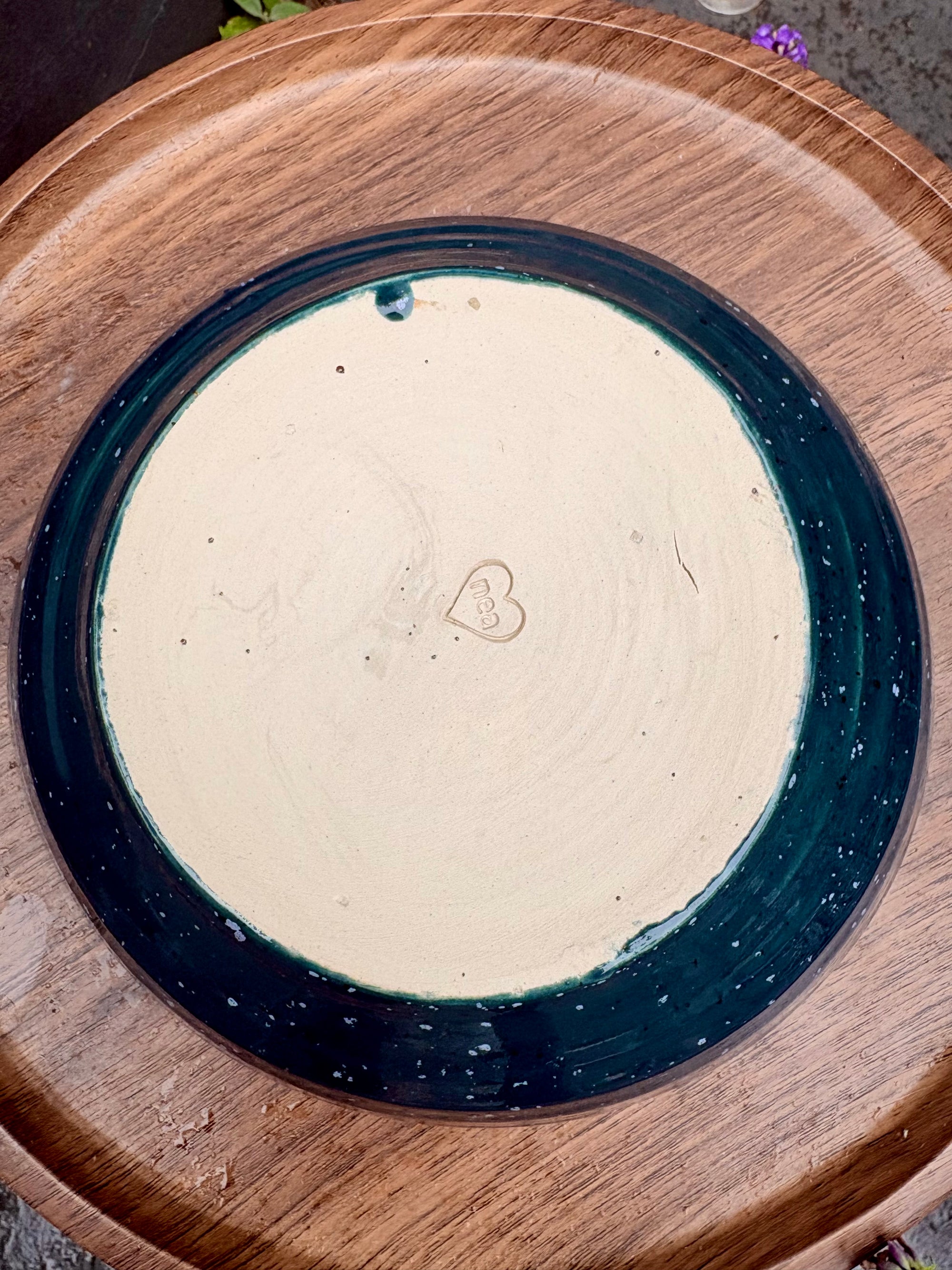 “eat, drink and fuck off by 9pm" round pasta/salad/serving bowl (green, cream clay)