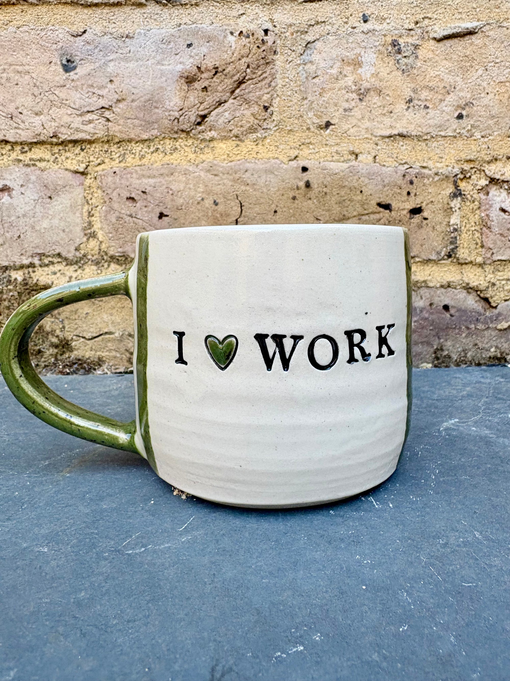 "I 💚 WORK” "everyone in this meeting is a cunt" mug (green stripes)