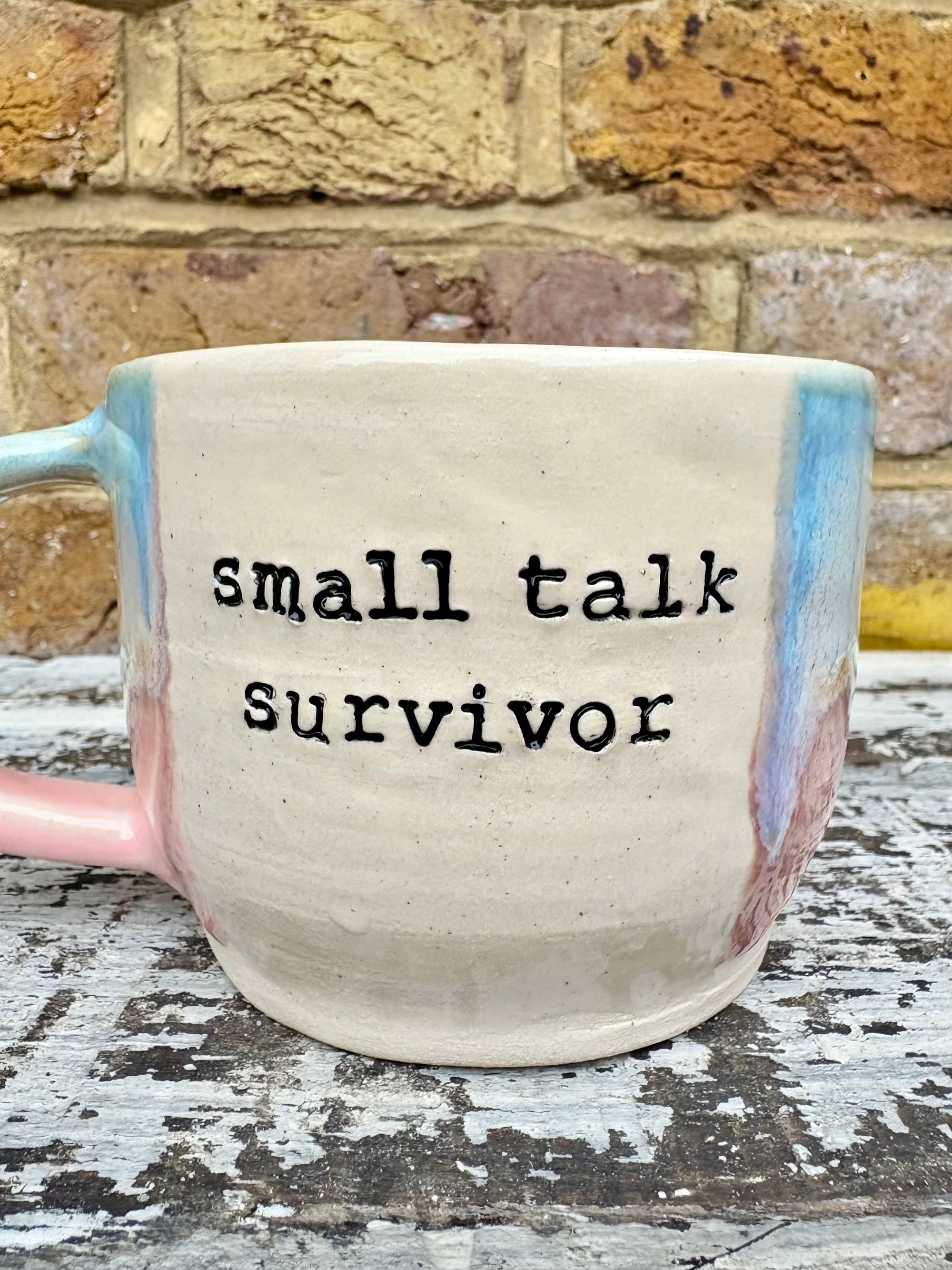 Small Talk Survivor mug (pinks and blue)