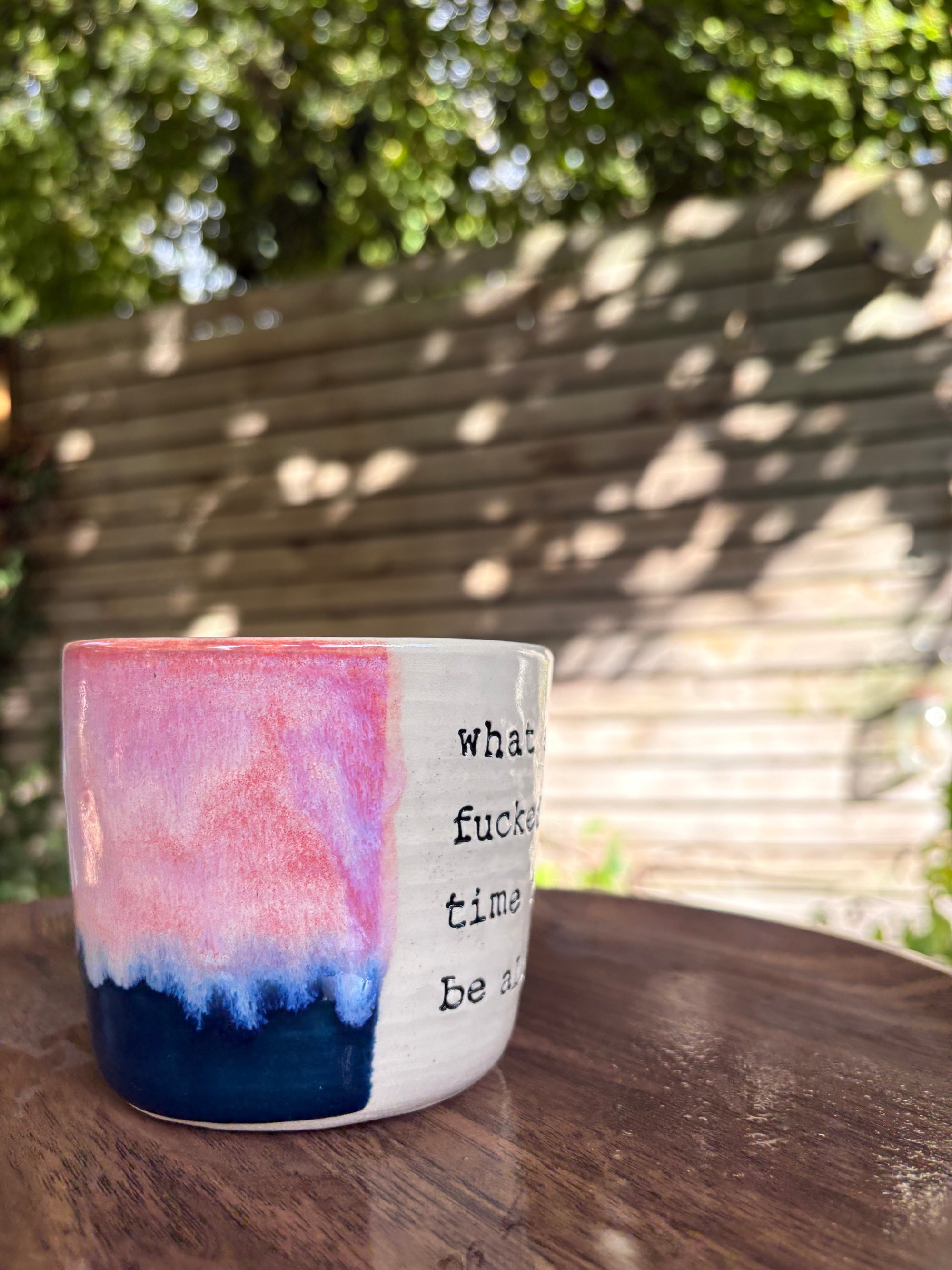 "what a fucked up time to be alive" mug (Pink/blue)