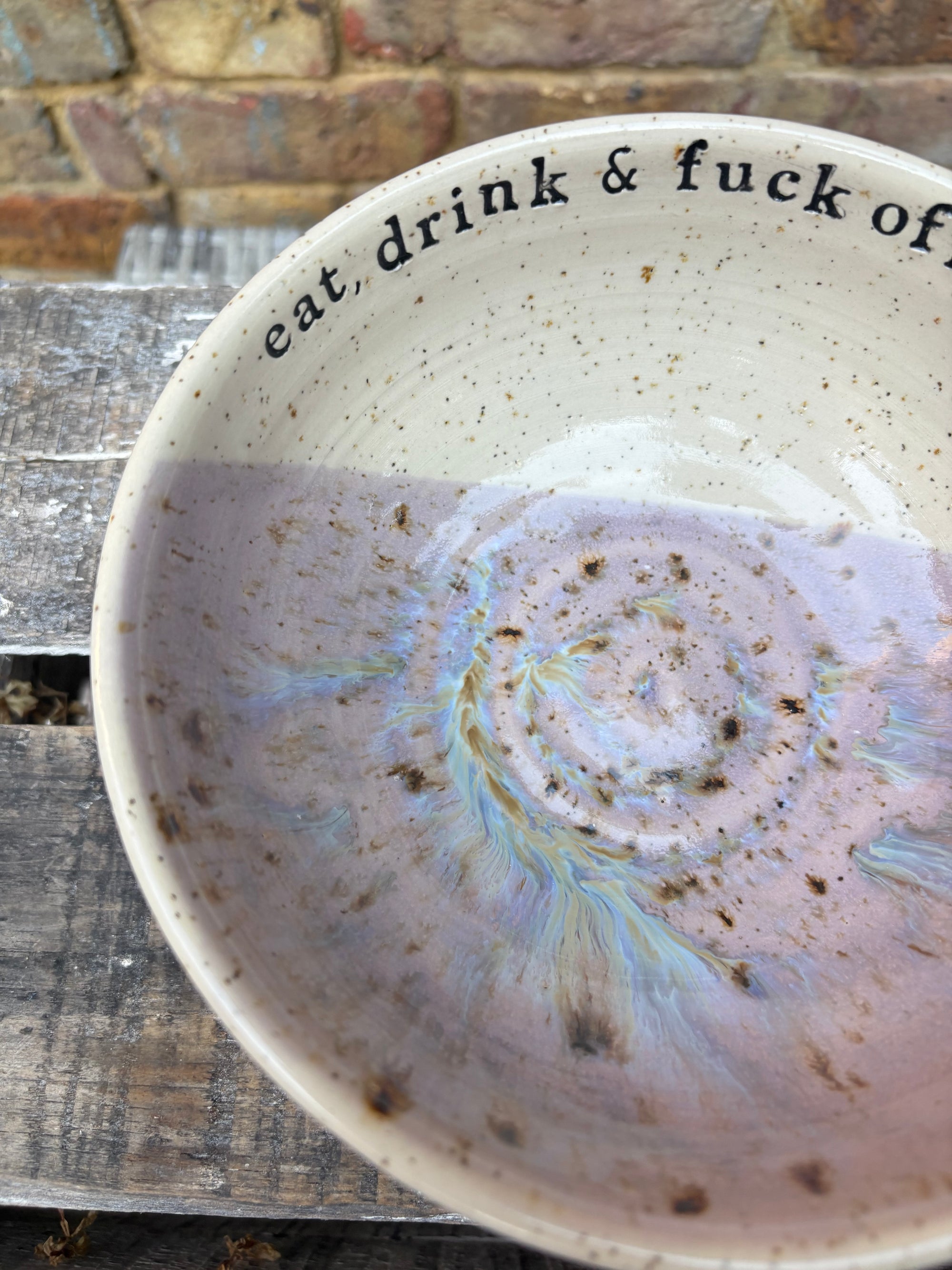 “eat, drink and fuck off by 9pm"  deep round salad/pasta bowl (lilac, flecked clay)