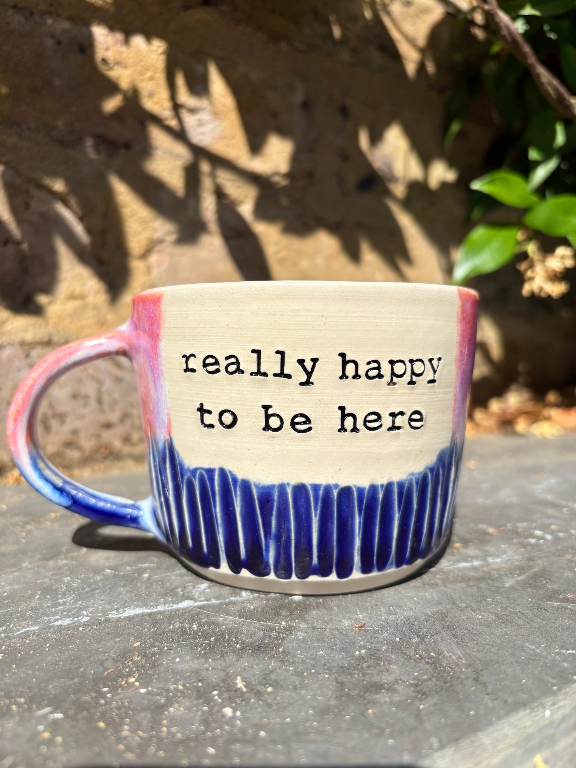 "really happy to be here” "what a bunch of cunts" mug (pink/blue, 300ml)