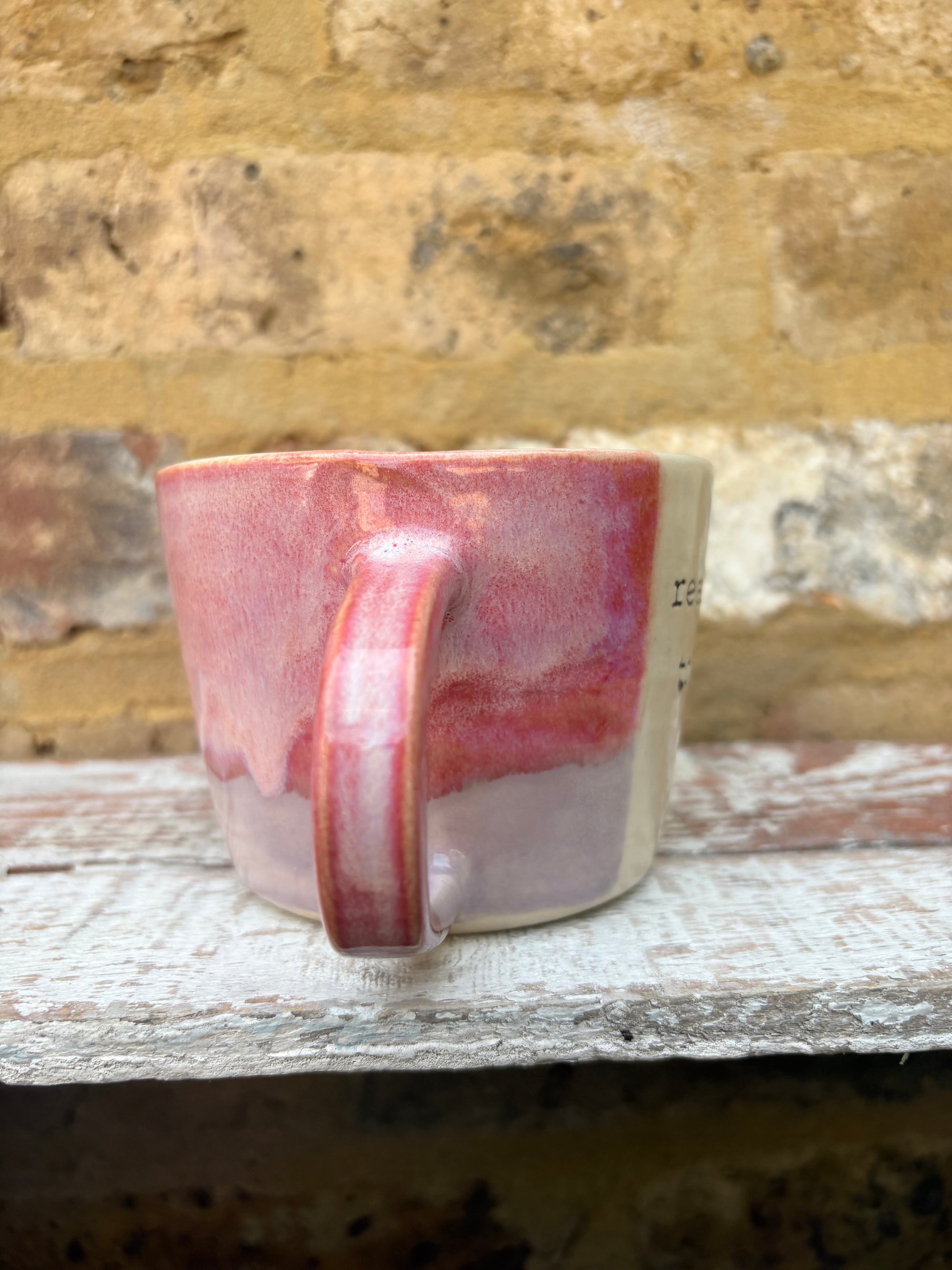 "really happy to be here” "what a bunch of cunts" mug (pink/lilac)