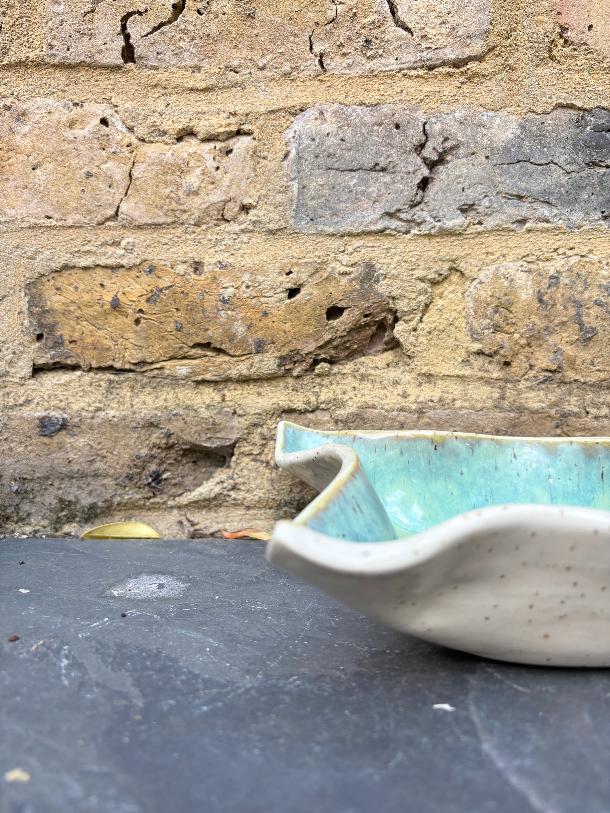 “eat, drink and fuck off by 9pm" rectangular dish (green, flecked clay)
