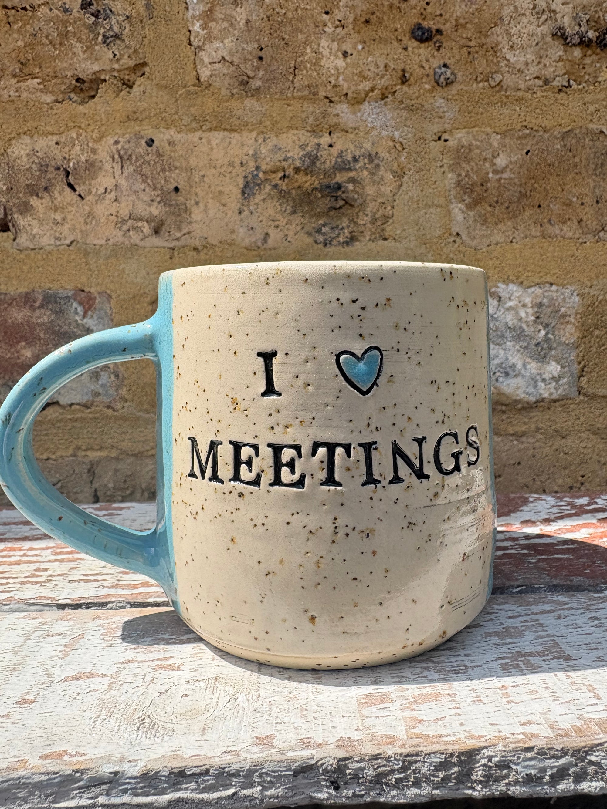 "I 💙 MEETINGS” "everyone in this meeting is a cunt" mug (blue stripes)