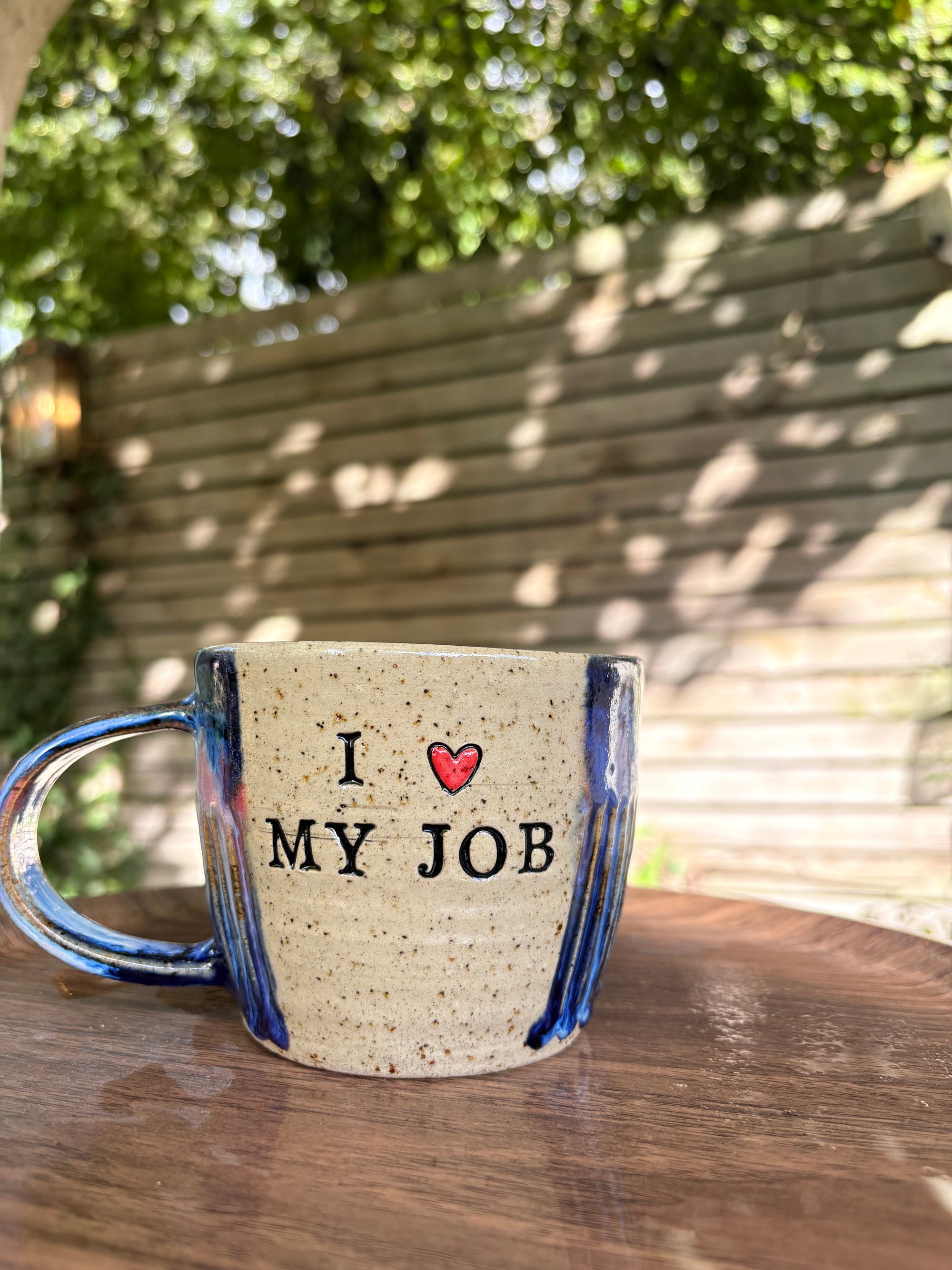 "I 🩷 my job” "FML" mug (Blue Night Sky, flecked, right hander)