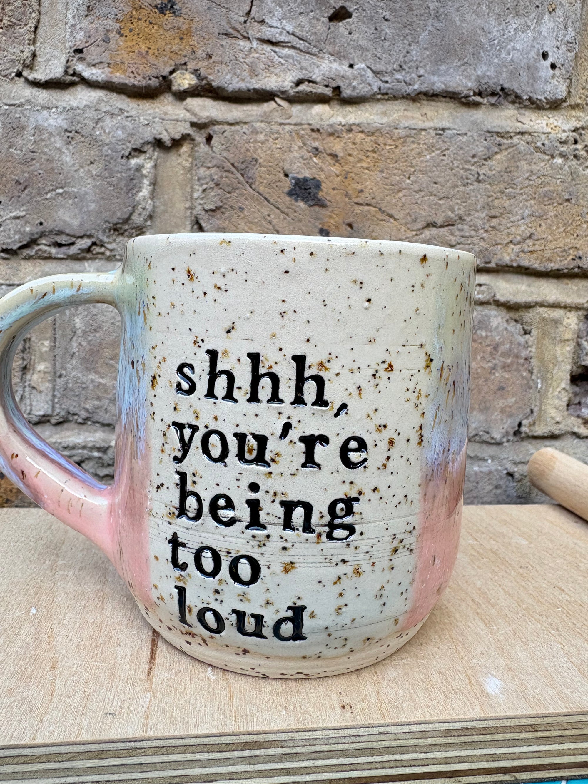 "shhh...you're being too loud" mug (pink/lilac)