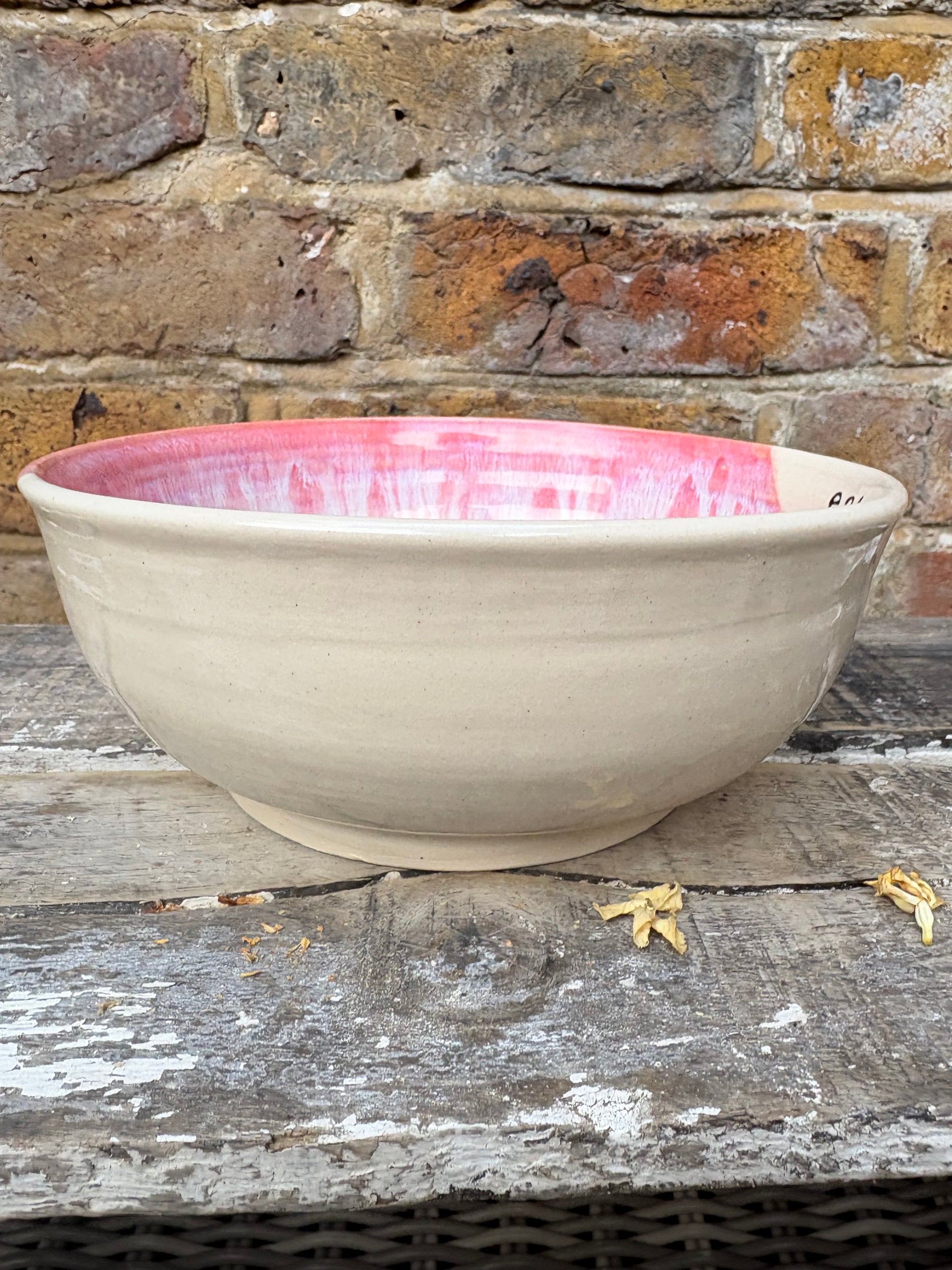 “eat, drink and fuck off by 9pm"  deep round salad/pasta bowl (pink/white, cream clay)