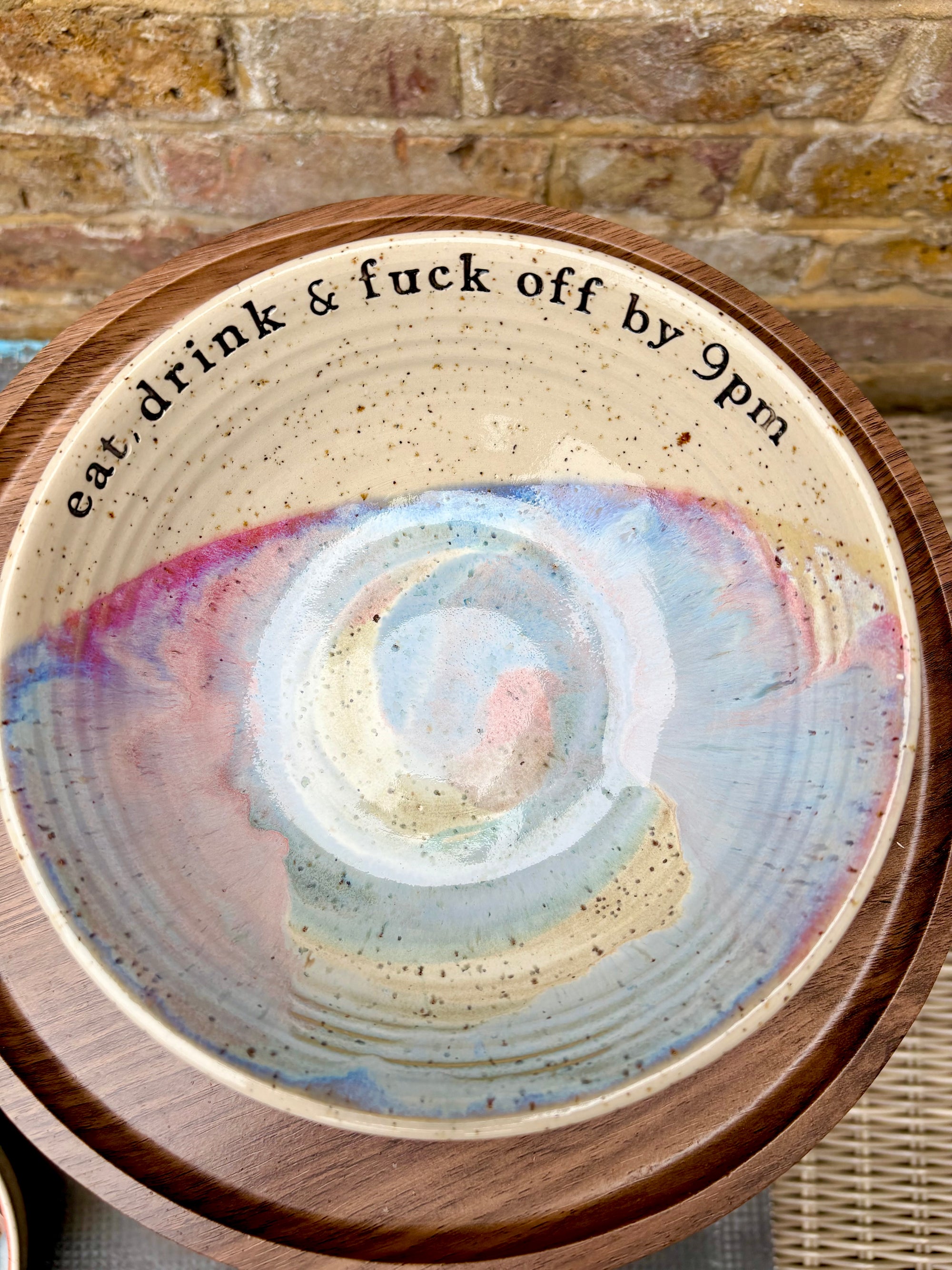 “eat, drink and fuck off by 9pm" round salad/pasta bowl (pastels, flecked clay)