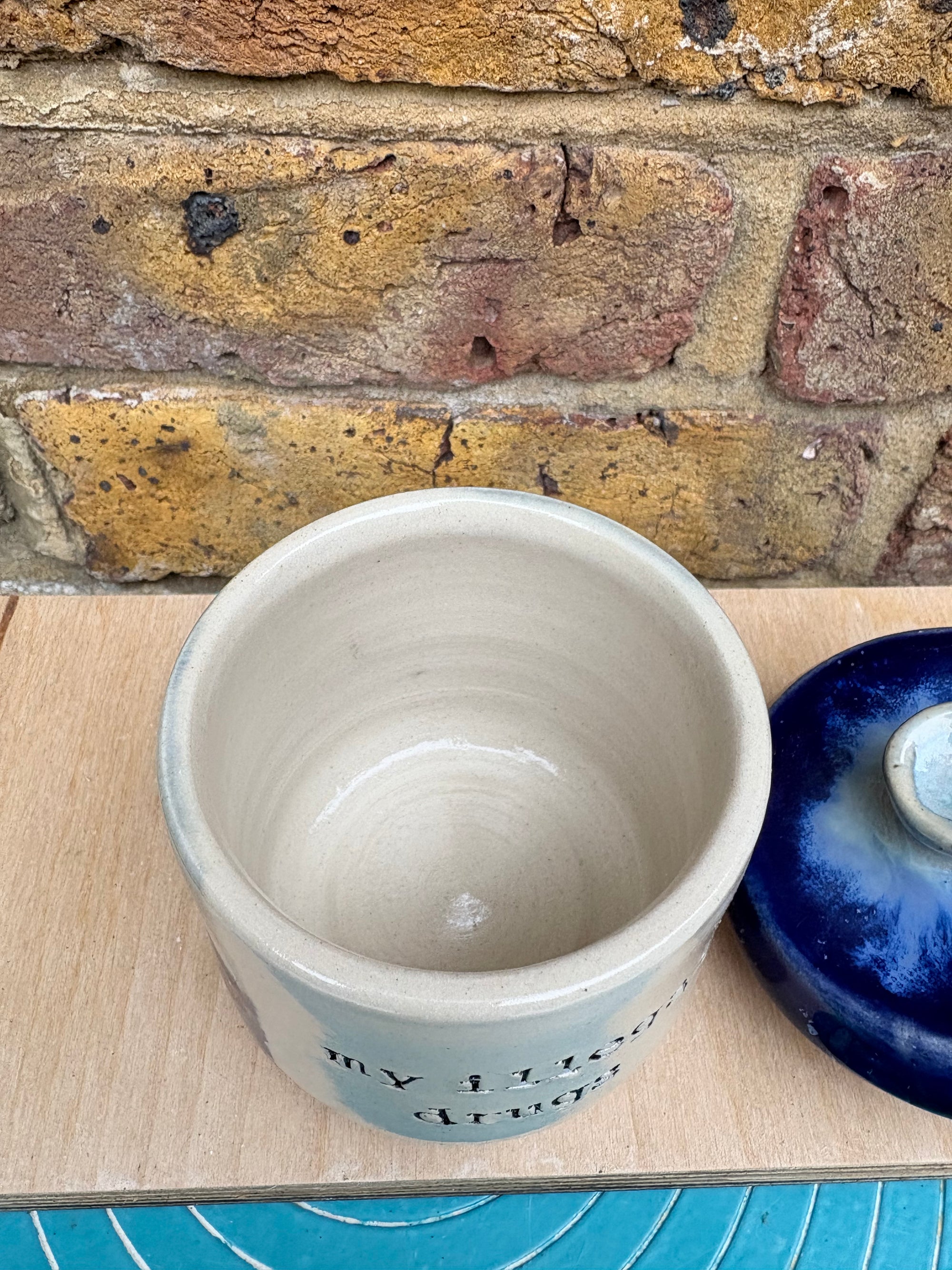 “my illegal drugs" lidded pot (blue night sky)