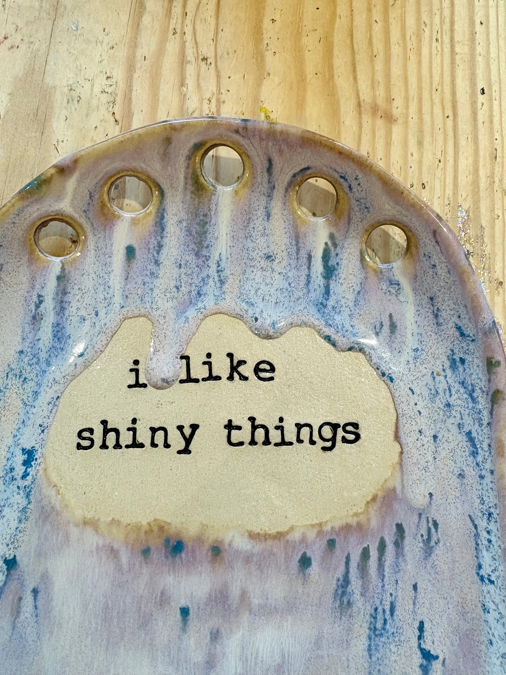 "I like shiny things" handmade jewellery holder (purple)
