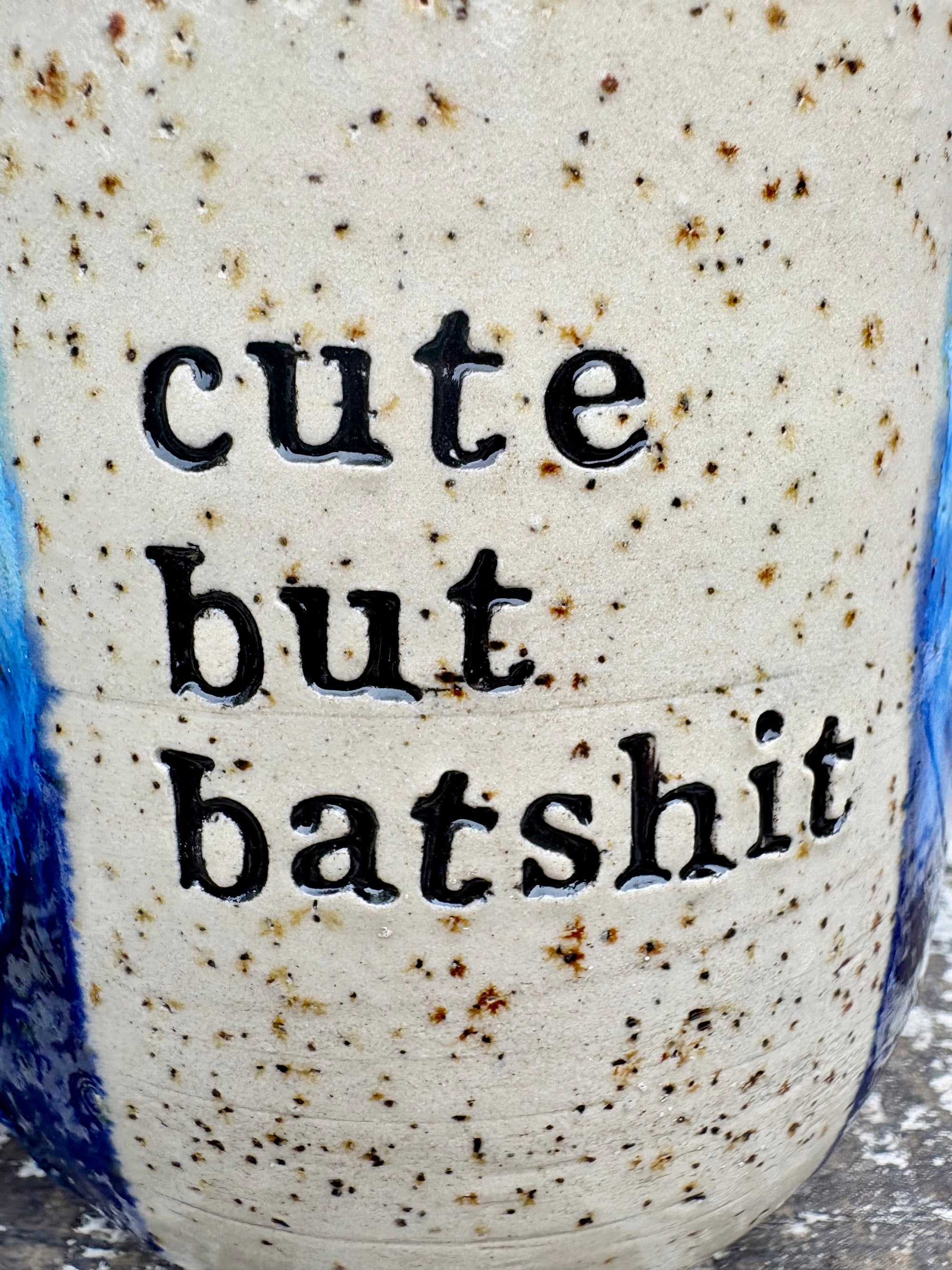 "cute but bat shit" mug