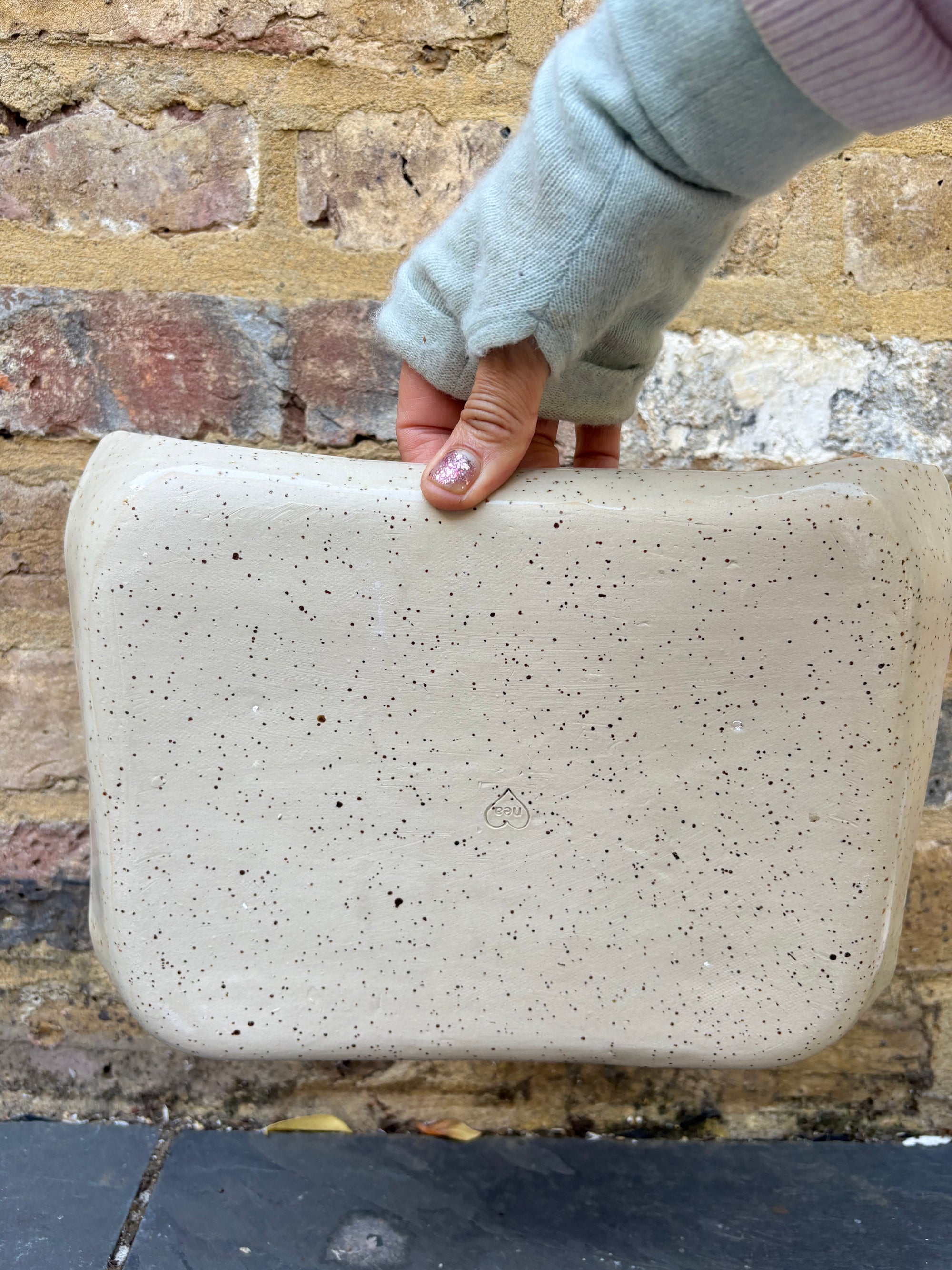 “eat, drink and fuck off by 9pm" rectangular dish (pink, flecked clay)
