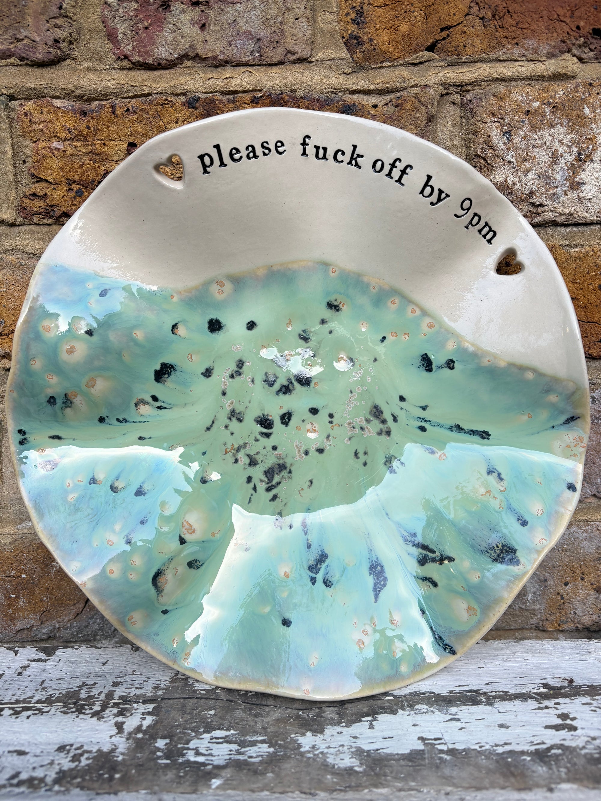 "good food, fine wine, great company..." salad/serving dish (creamy mint green)