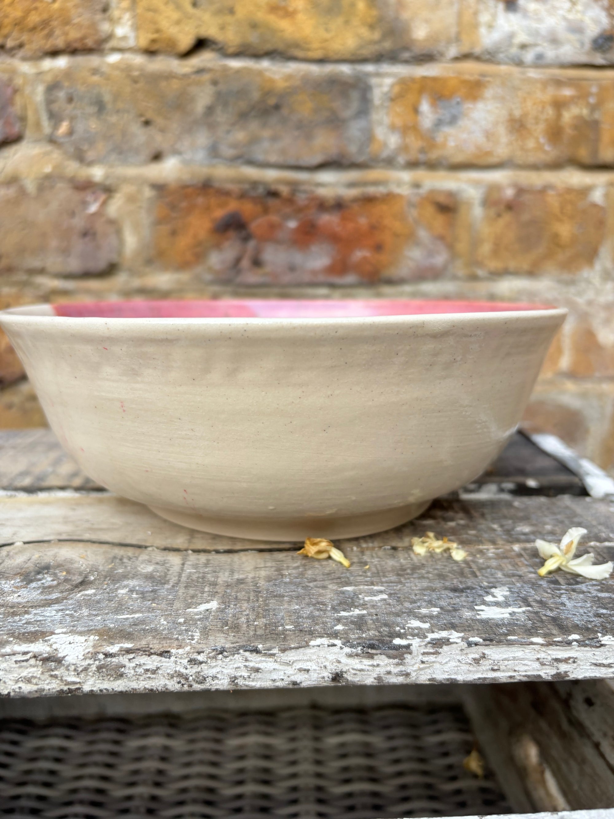 “eat, drink and fuck off by 9pm"  deep round salad/pasta bowl (pink/white, cream clay)